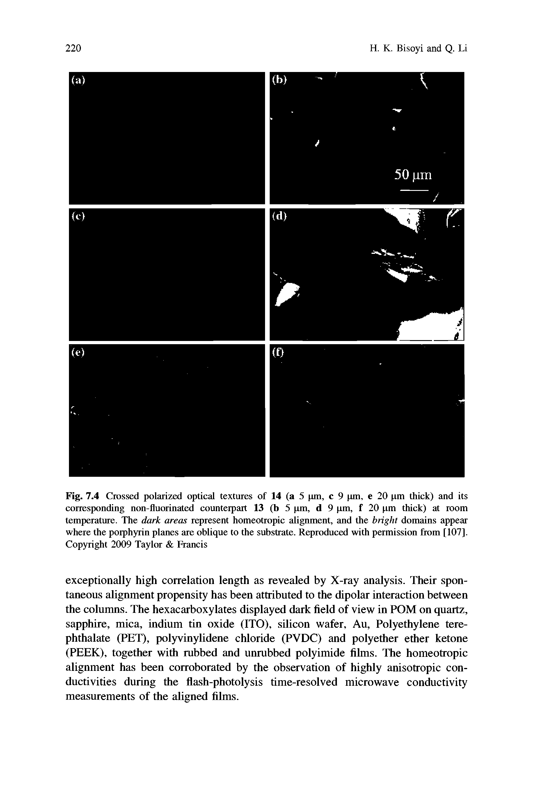 Fig. 7.4 Crossed polarized optical textures of 14 (a 5 pm, c 9 pm, e 20 pm thick) and its corresponding non-fluorinated counterpart 13 (b 5 pm, d 9 pm, f 20 pm thick) at room temperature. The dark areas represent homeotropic alignment, and the bright domains appear where the porphyrin planes are oblique to the substrate. Reproduced with permission from [107]. Copyright 2009 Taylm- Francis...
