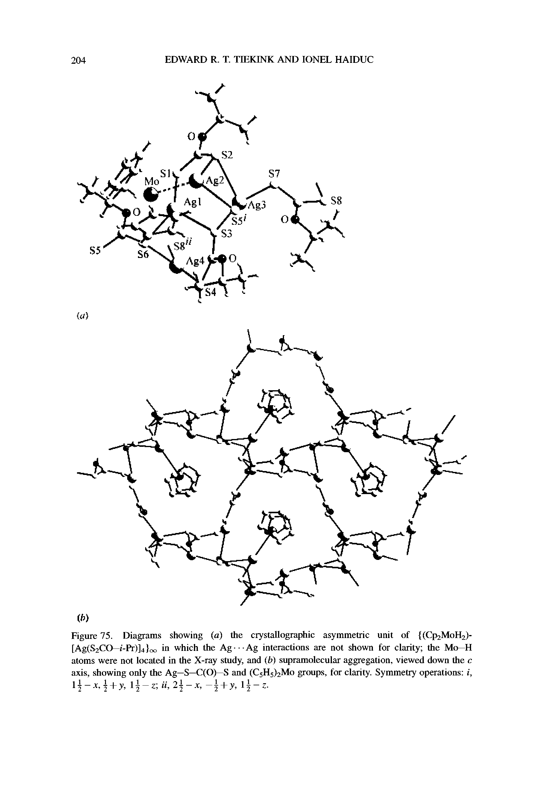 Figure 75. Diagrams showing (a) the crystallographic asymmetric unit of (Cp2MoH2)-[Ag(S2CO—i-Pr)]4 oo in which the Ag - Ag interactions are not shown for clarity the Mo—H atoms were not located in the X-ray study, and (b) supramolecular aggregation, viewed down the c axis, showing only the Ag—S—C(O)—S and (C5H5)2Mo groups, for clarity. Symmetry operations i,...