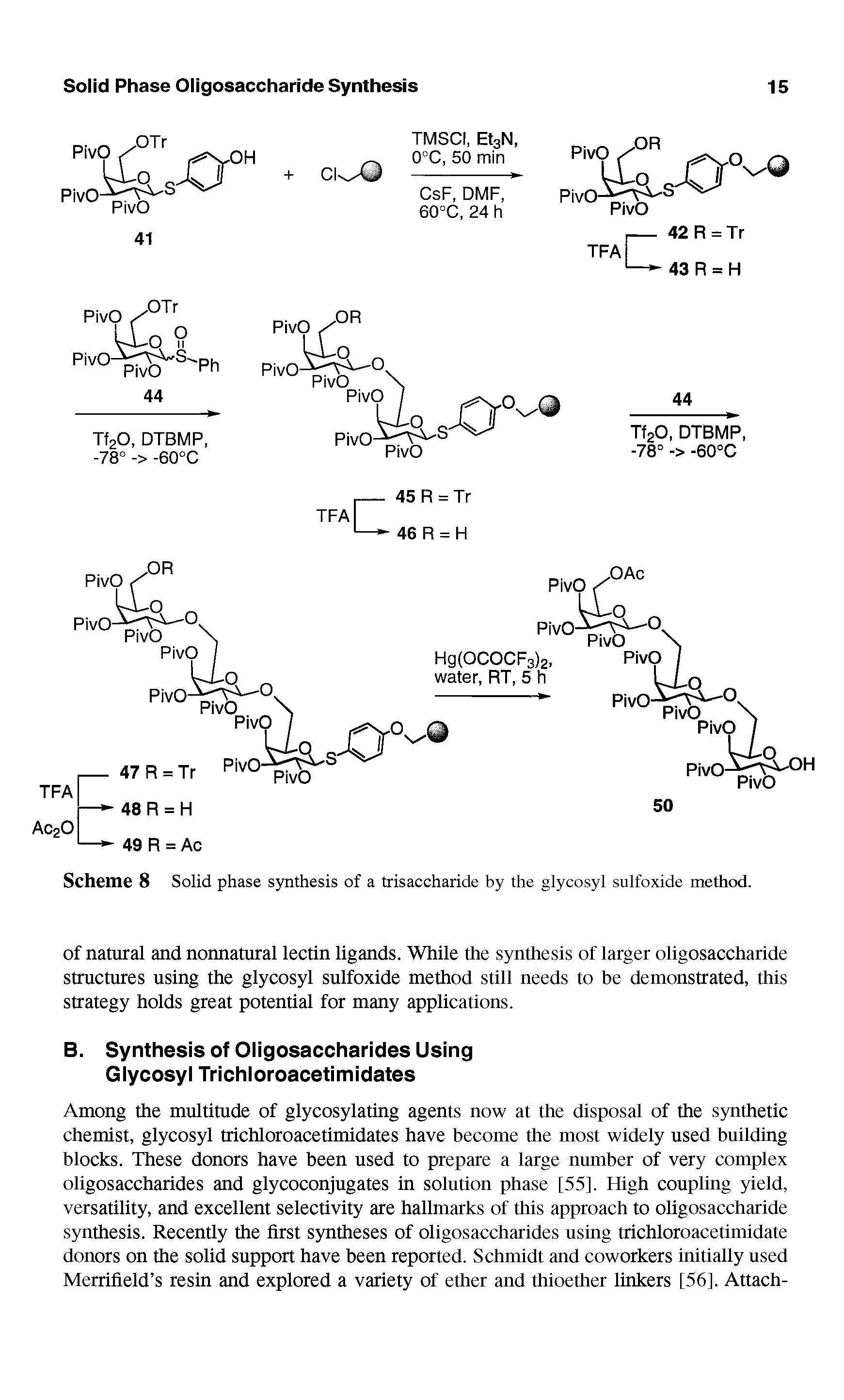 Scheme 8 Solid phase synthesis of a trisaccharide by the glycosyl sulfoxide method.