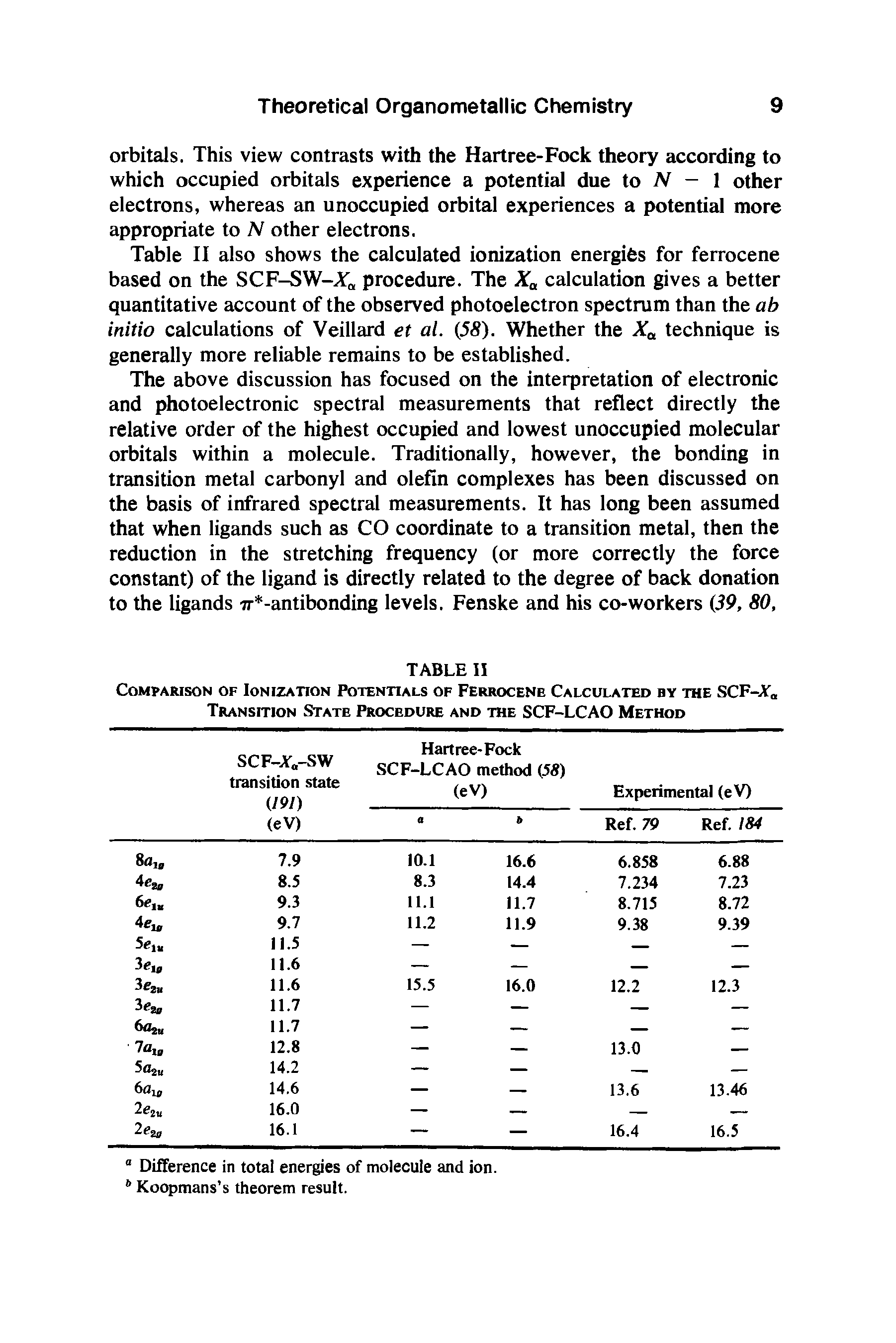 Table II also shows the calculated ionization energies for ferrocene based on the SCF-SW-A"a procedure. The Xa calculation gives a better quantitative account of the observed photoelectron spectrum than the ab initio calculations of Veillard et al. (58). Whether the Xa technique is generally more reliable remains to be established.