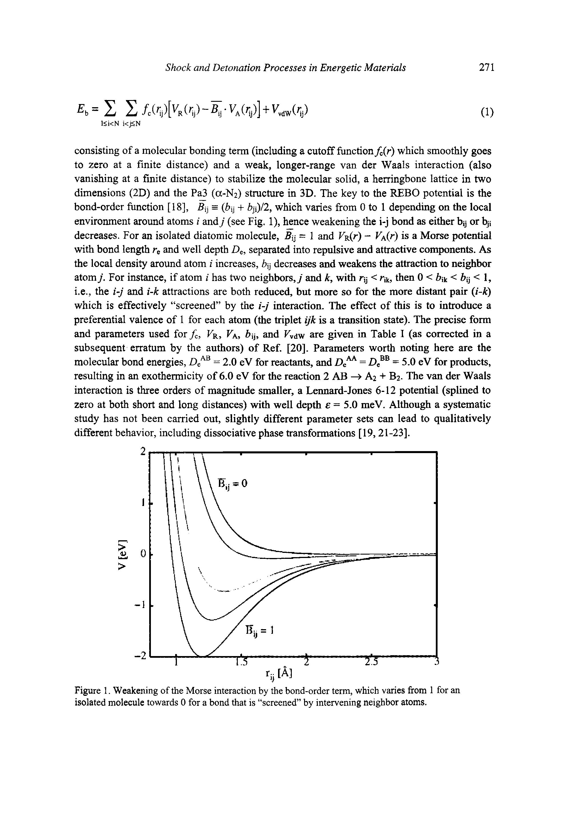 Figure 1. Weakening of the Morse interaction by the bond-order term, which varies from isolated molecule towards 0 for a bond that is screened by intervening neighbor atoms.