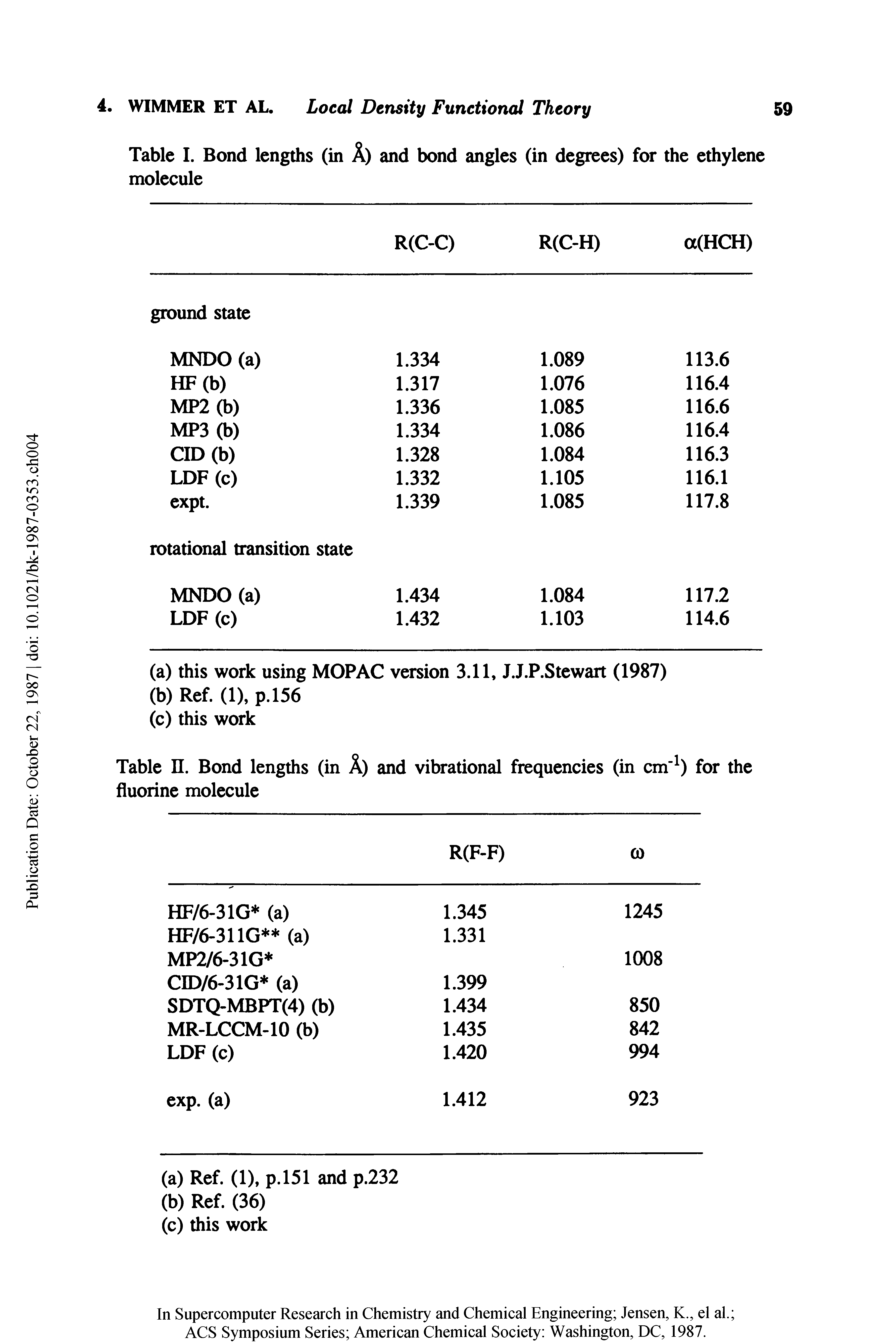 Table I. Bond lengths (in A) and bond angles (in degrees) for the ethylene molecule...