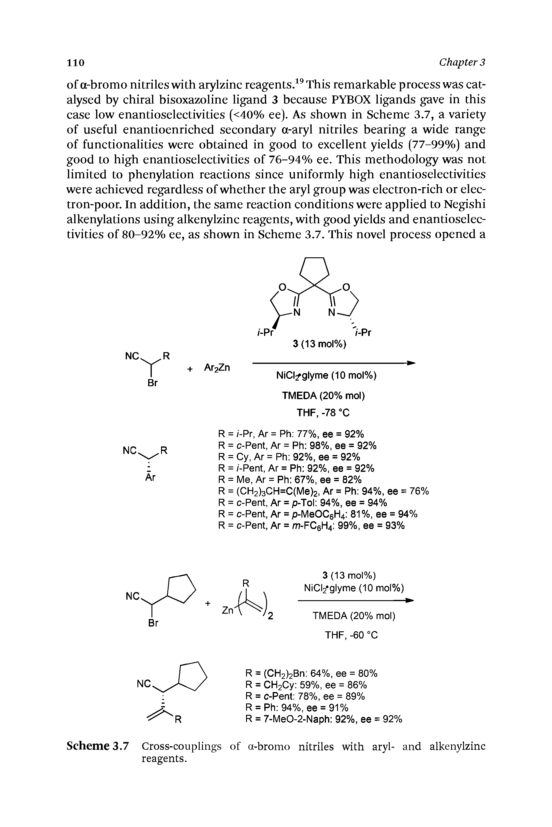 Scheme 3.7 Cross-couplings of a-bromo nitriles with aryl- and alkenylzinc reagents.