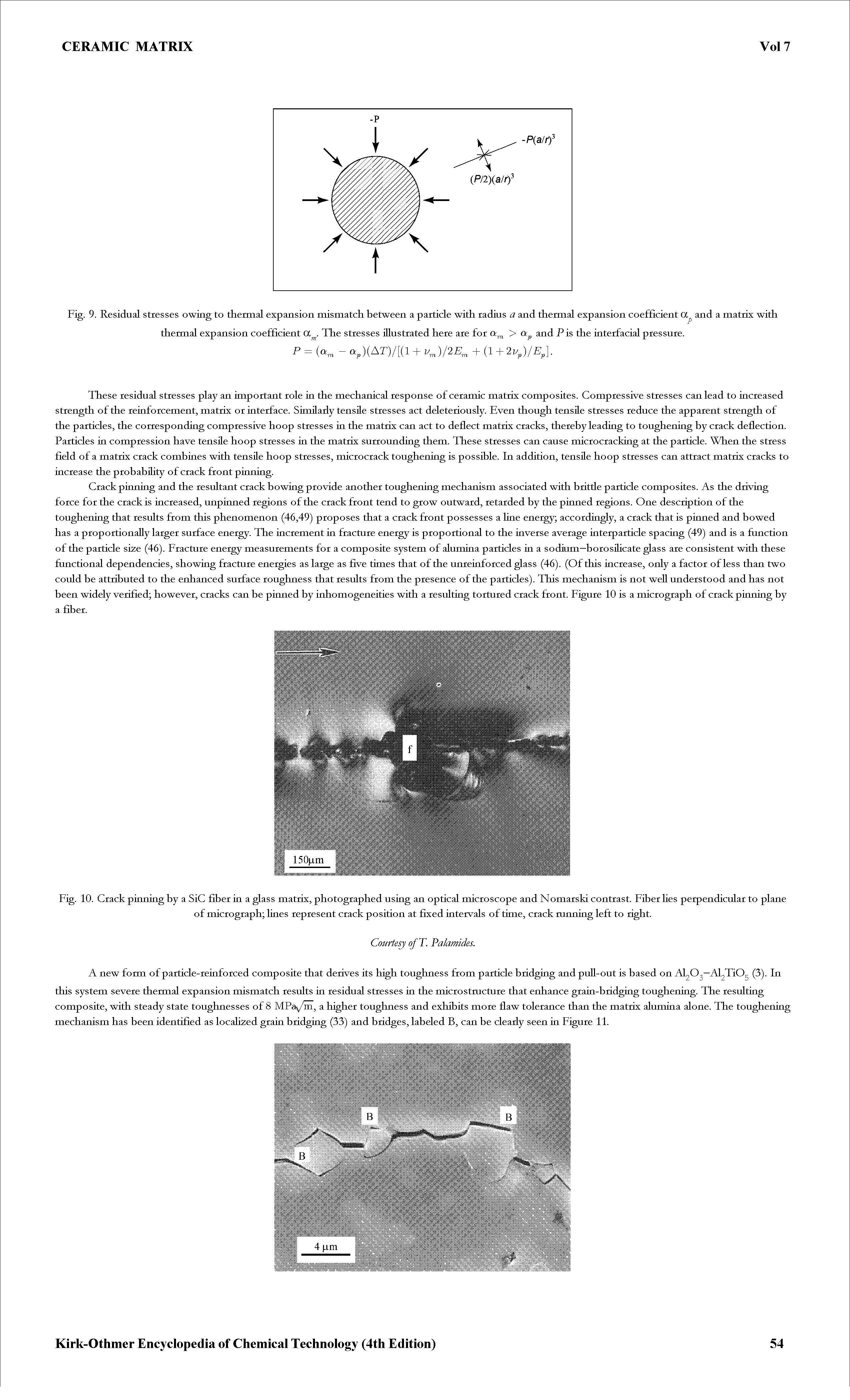 Fig. 10. Crack pinning by a SiC fiber in a glass matrix, photographed using an optical microscope and Nomarski contrast. Fiber ties perpendicular to plane of micrograph lines represent crack position at fixed intervals of time, crack mnning left to right.