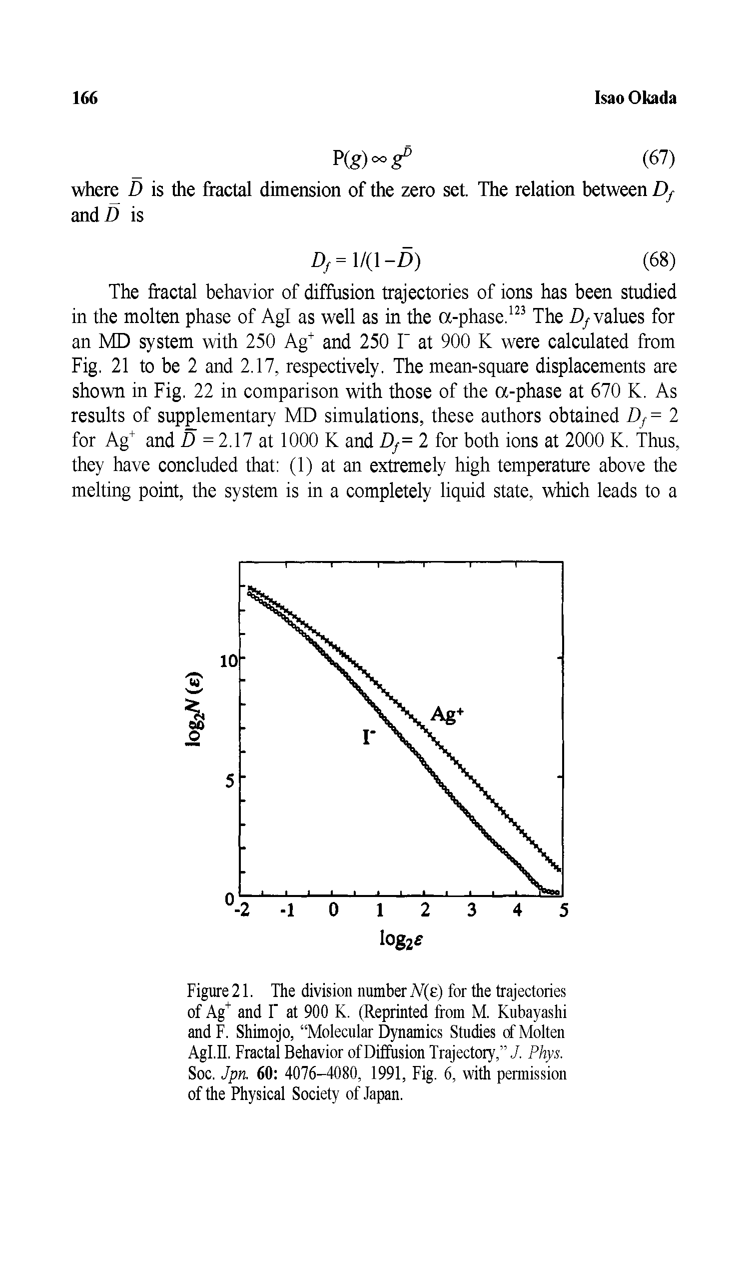 Figure21. The division number A(e) for the trajectories of Ag and I" at 900 K. (Reprinted from M. Kubayashi andF. Shimojo, Molecular Dynamics Studies of Molten Agl.II. Fractal Behavior of Diffusion Trajectory, J. Phys. Soc. Jpn. 60 4076-4080, 1991, Fig. 6, with permission of the Physical Society of Japan.