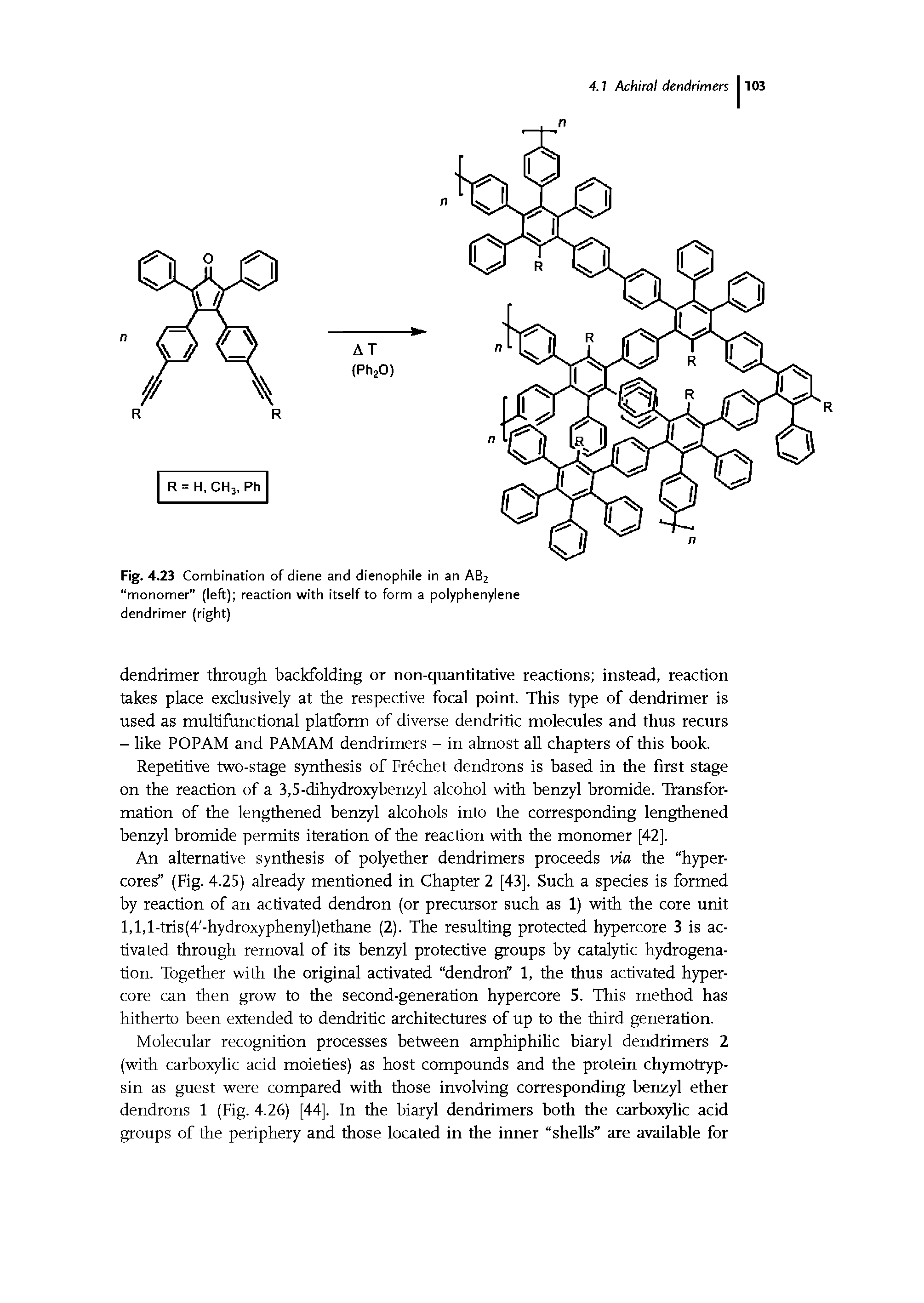 Fig. 4.23 Combination of diene and dienophile in an AB2 monomer (left) reaction with itself to form a polyphenylene dendrimer (right)...