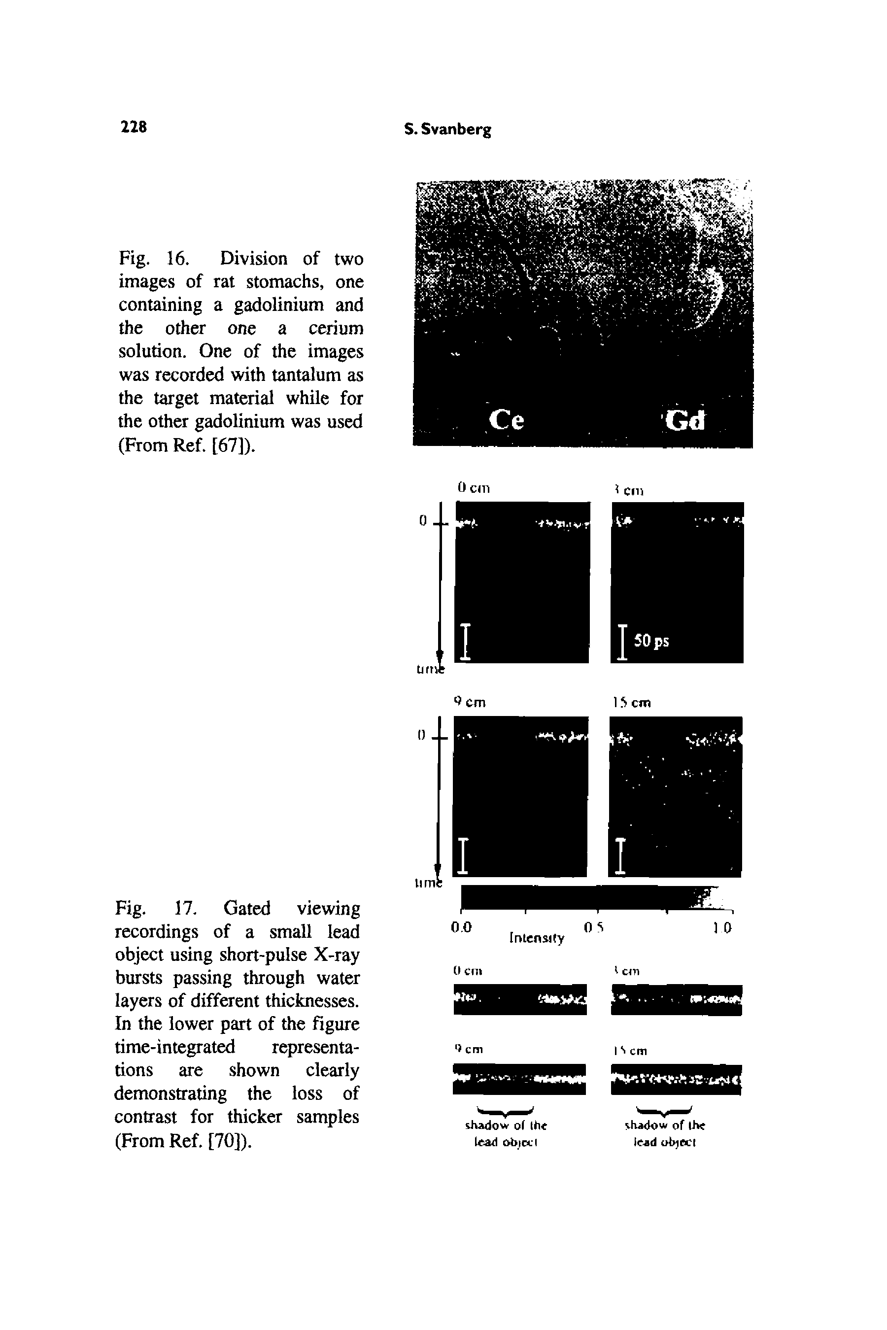 Fig. 17. Gated viewing recordings of a small lead object using short-pulse X-ray bursts passing through water layers of different thicknesses. In the lower part of the figure time-integrated representations are shown clearly demonstrating the loss of contrast for thicker samples (From Ref. [70]).