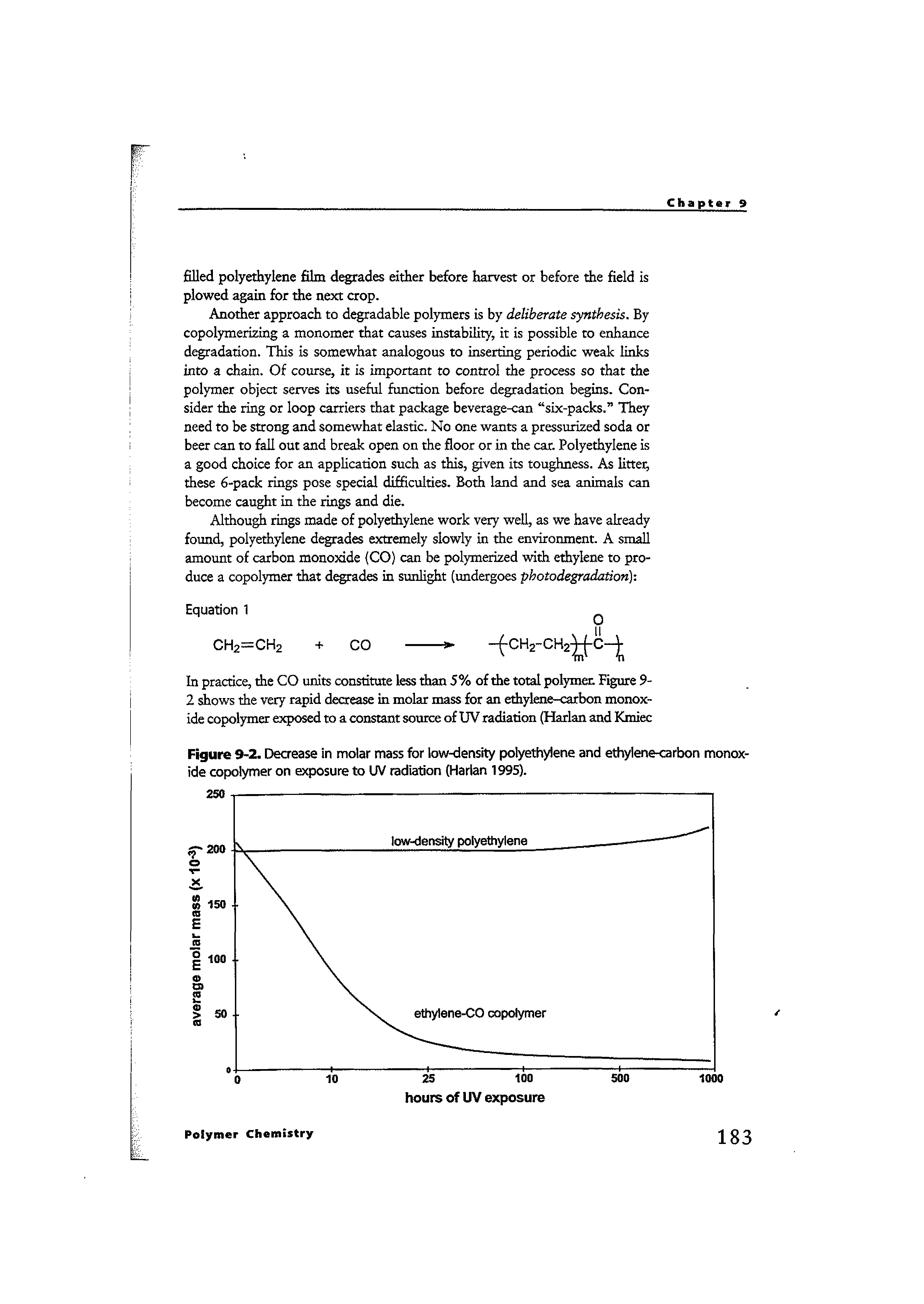 Figure 9-2. Decrease in molar mass for low-density polyethylene and ethylene-carbon monoxide copolymer on exposure to UV radiation (Harlan 1995).