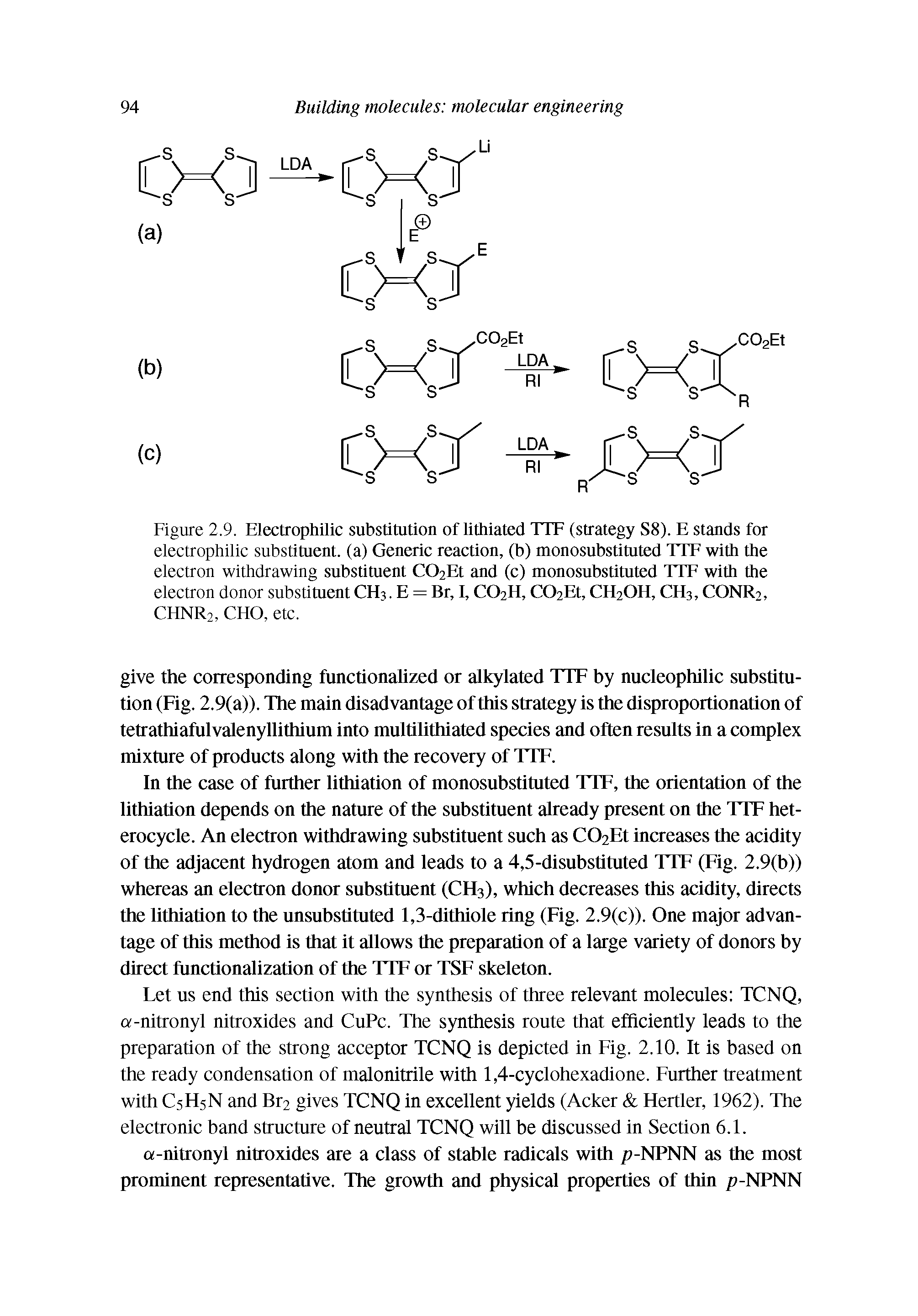 Figure 2.9. Electrophilic substitution of lithiated 1 IF (strategy S8). E stands for electrophilic substituent, (a) Generic reaction, (b) monosubstituted TTE with the electron withdrawing substituent COaEt and (c) monosubstituted TTE with the electron donor substituent CH3. E = Br, I, CO2H, COaEt, CH2OH, CH3, CONR2, CHNR2, CHO, etc.