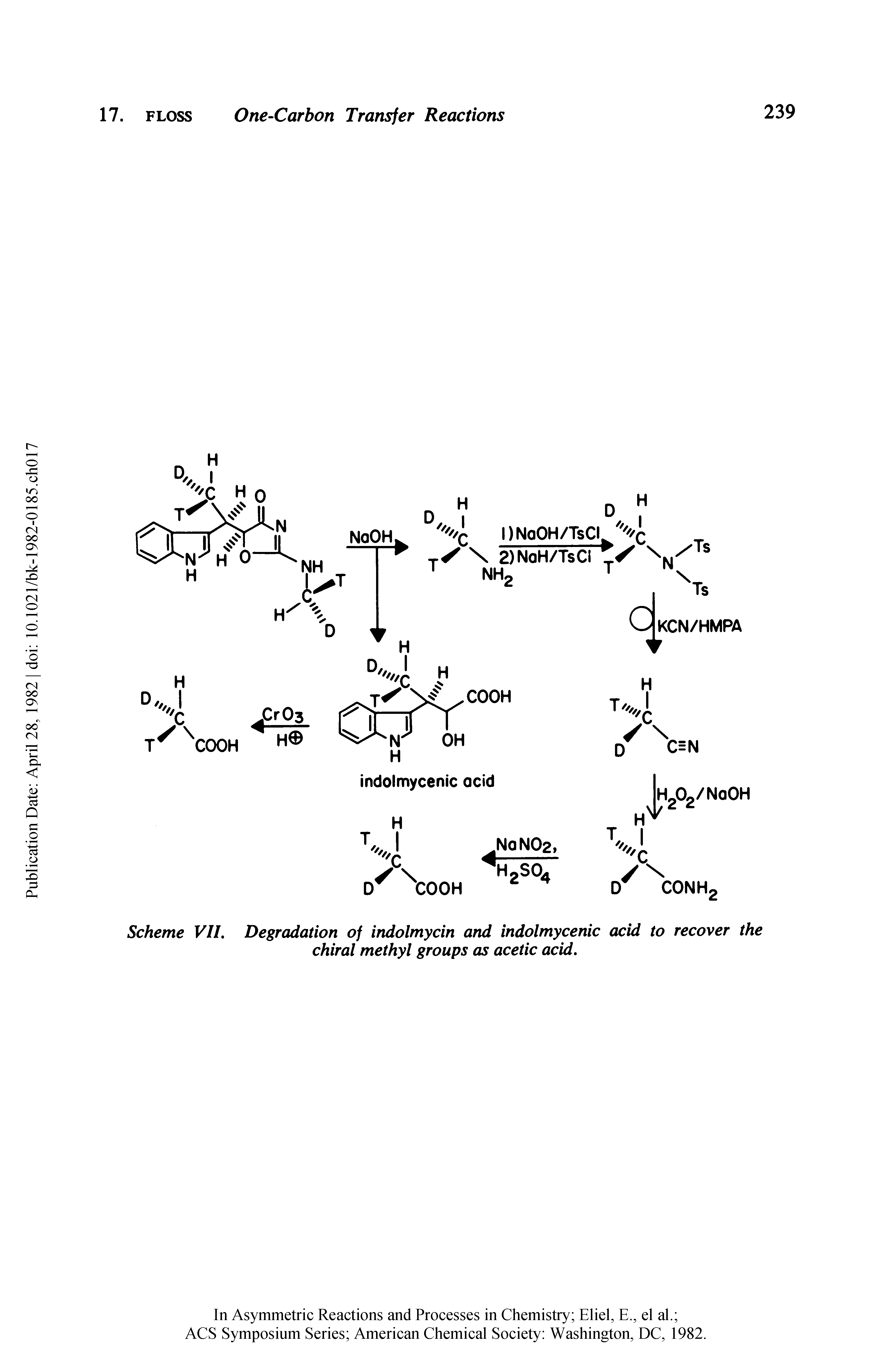 Scheme VII. Degradation of indolmycin and indolmycenic acid to recover the chiral methyl groups as acetic acid.