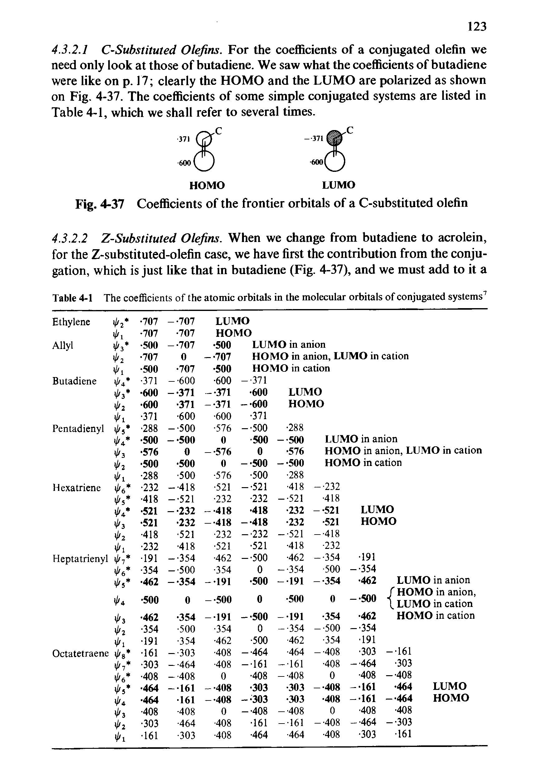 Table 4-1 The coefficients of the atomic orbitals in the molecular orbitals of conjugated systems7...
