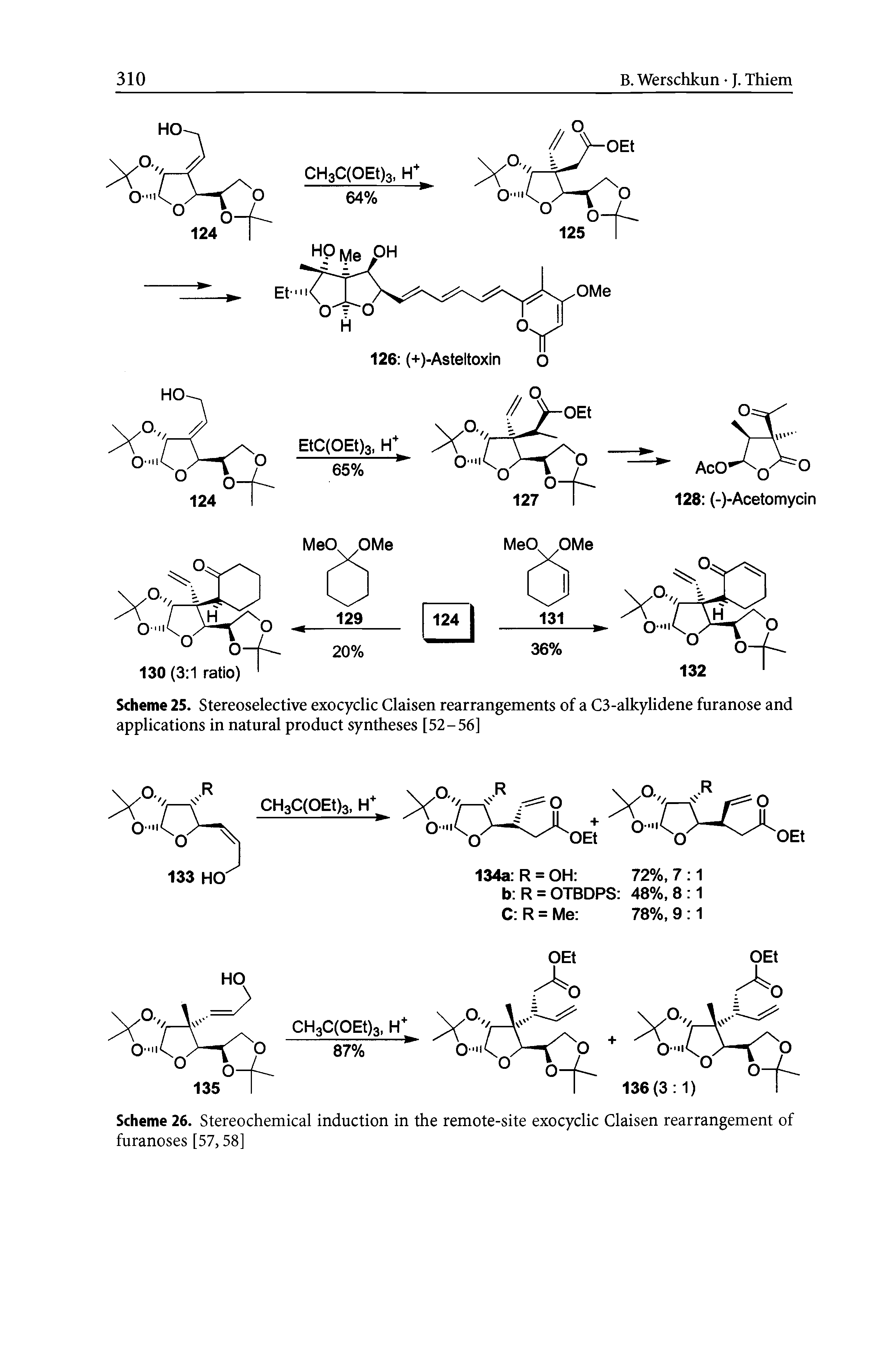 Scheme 25. Stereoselective exocyclic Claisen rearrangements of a C3-alkylidene furanose and applications in natural product syntheses [52-56]...