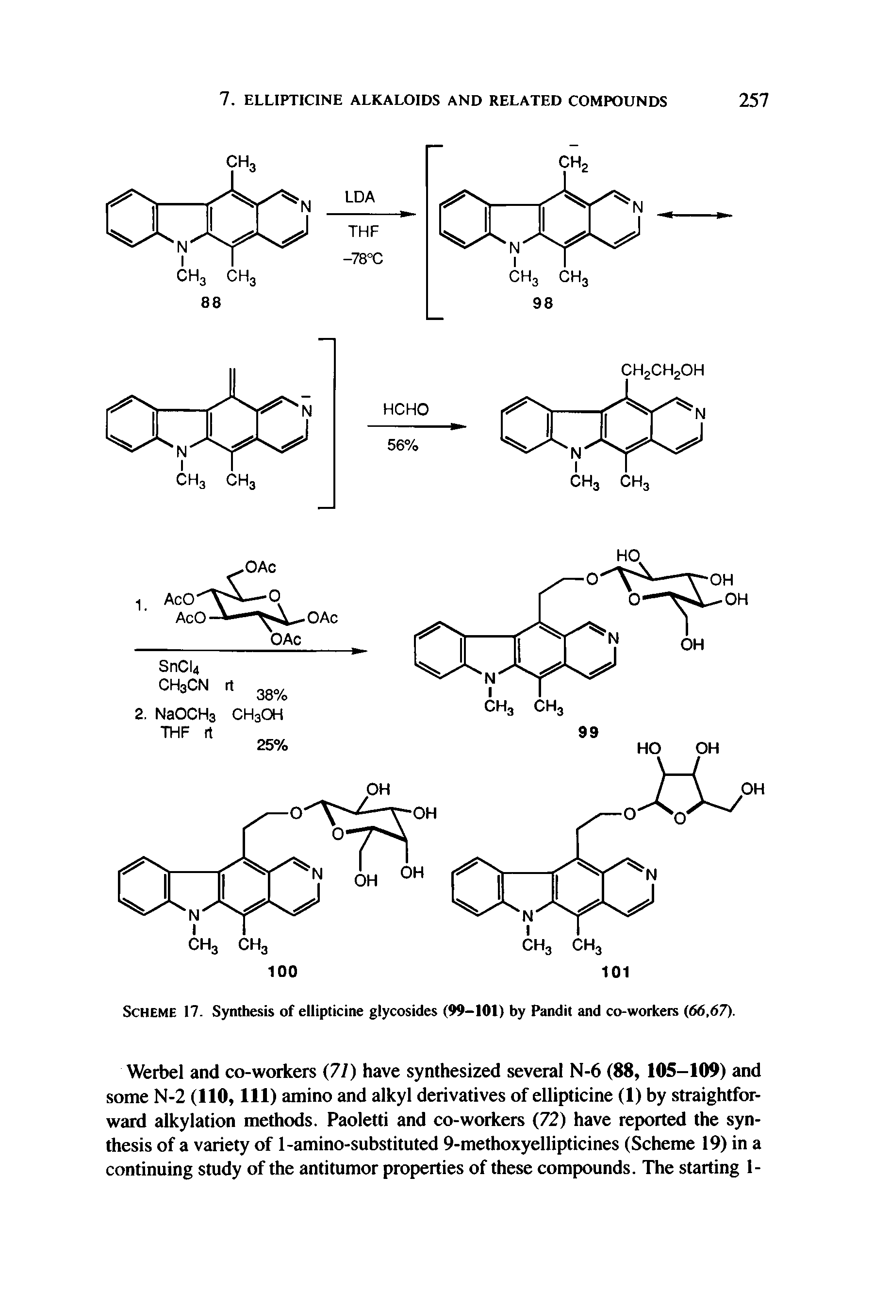 Scheme 17. Synthesis of ellipticine glycosides (99-101) by Pandit and co-workers (66,67).