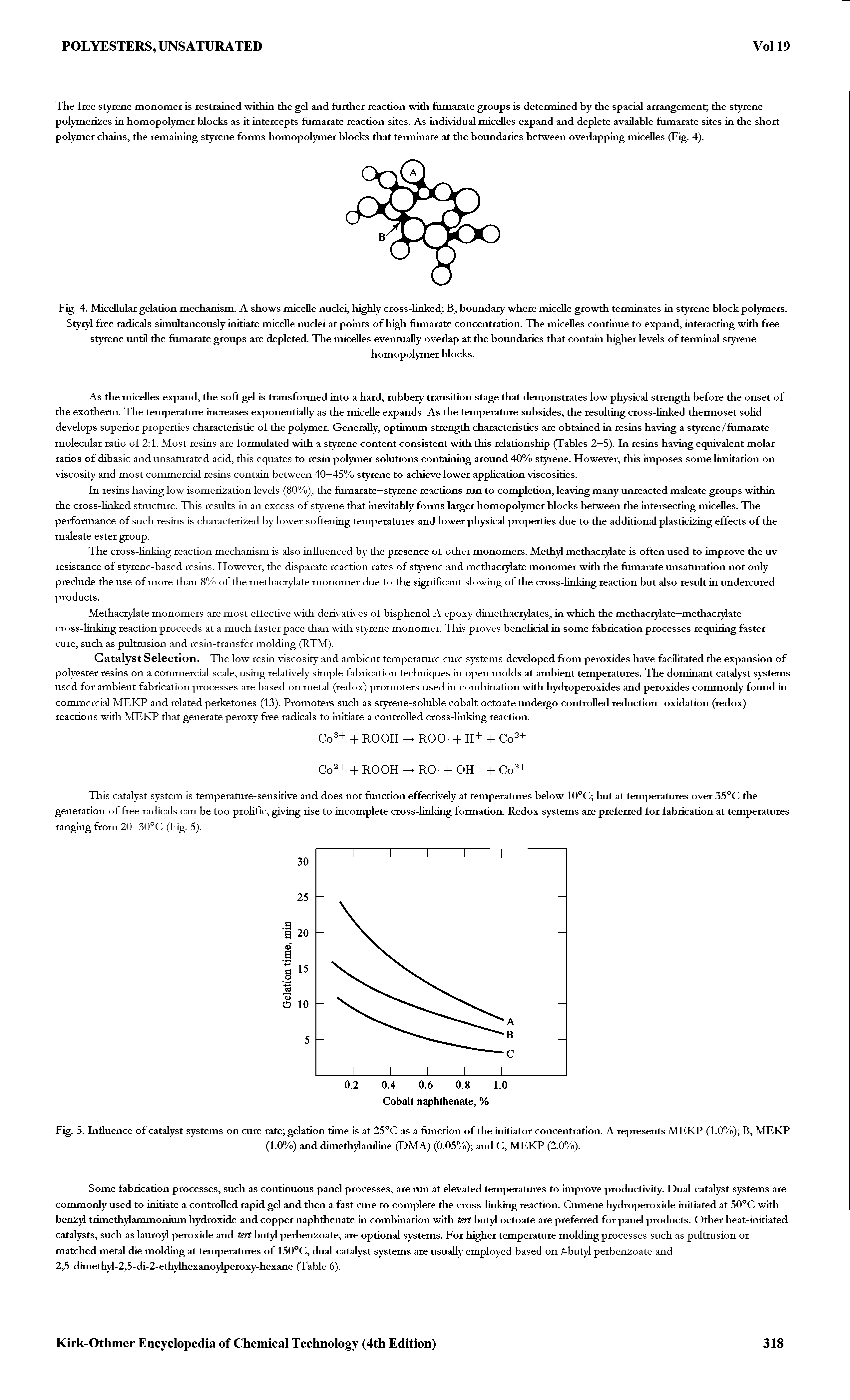 Fig. 4. Micellular gelation mechanism. A shows micelle nuclei, highly cross-linked B, boundary where micelle growth terminates in styrene block polymers. Styryl free radicals simultaneously initiate micelle nuclei at points of high fumarate concentration. The micelles continue to expand, interacting with free styrene until the fumarate groups are depleted. The micelles eventually overlap at the boundaries that contain higher levels of terminal styrene...