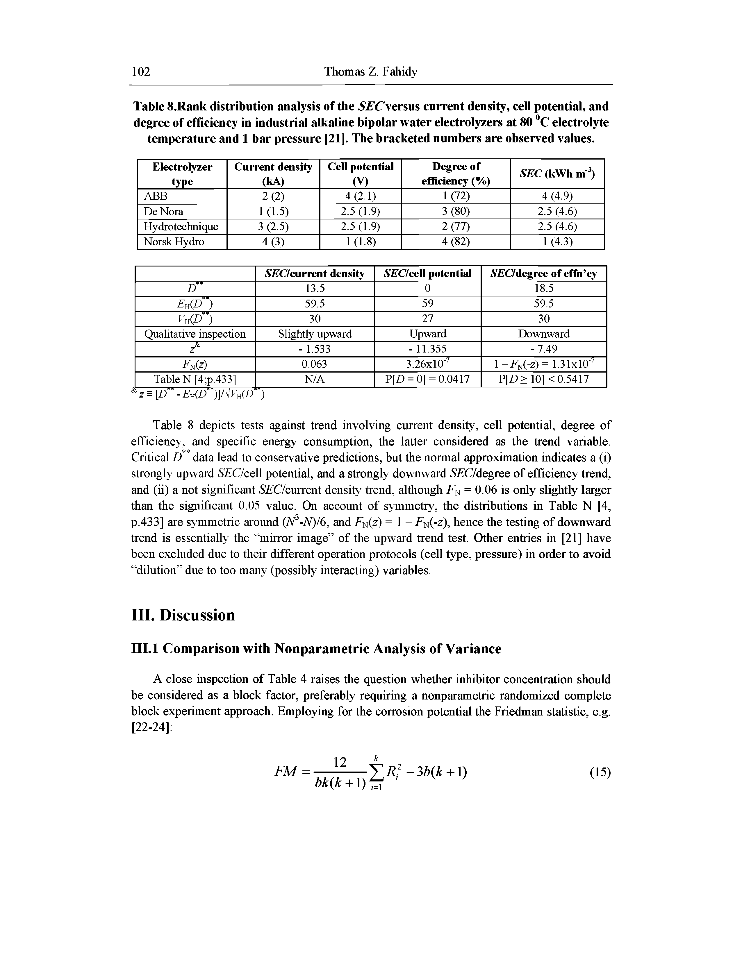 Table 8.Rank distribution analysis of the SECversus current density, cell potential, and degree of efficiency in industrial alkaline bipolar water electrolyzers at 80 C electrolyte temperature and 1 bar pressure [21]. The bracketed numbers are observed values.