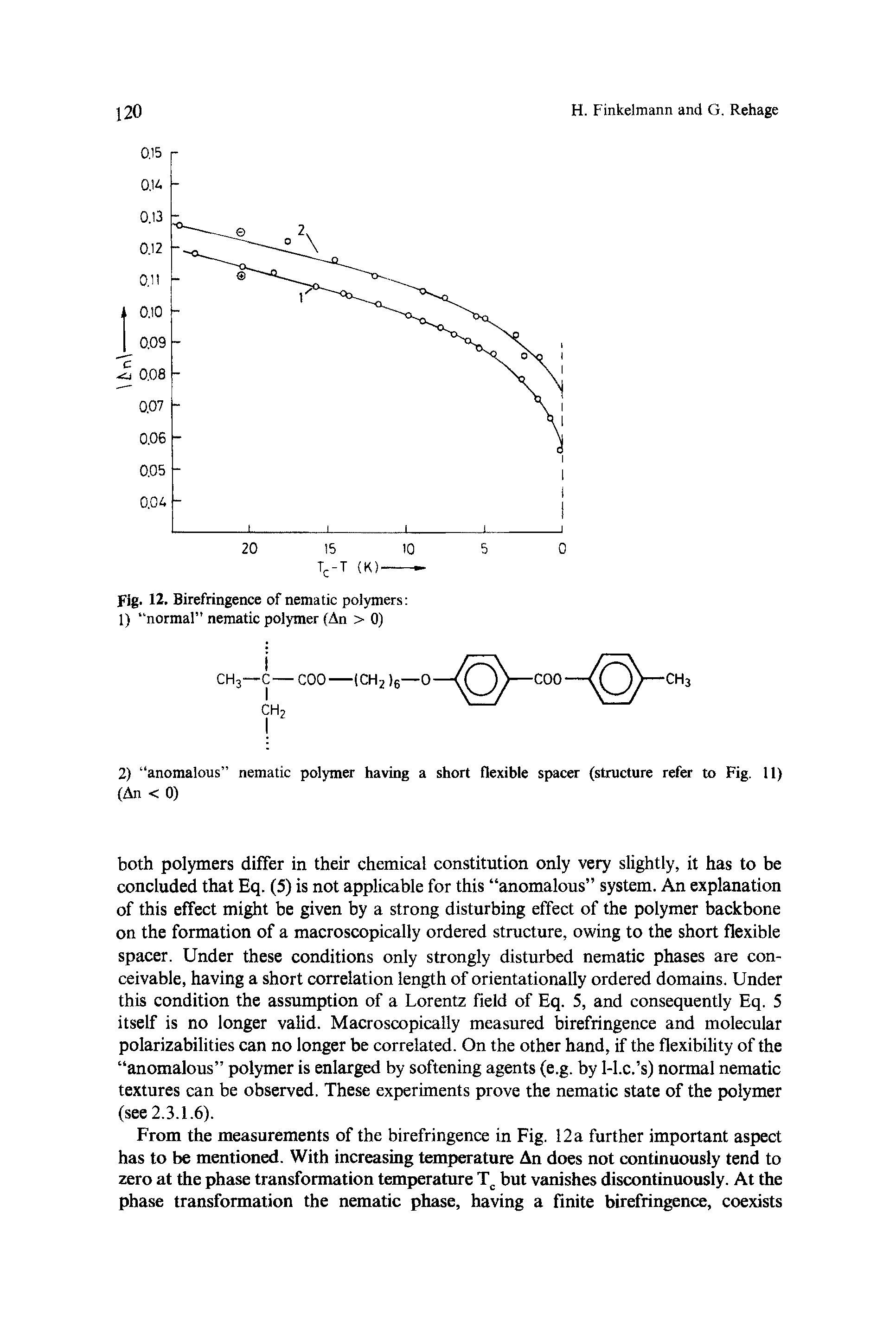 Fig. 12. Birefringence of nematic polymers 1) normal nematic polymer (An > 0)...