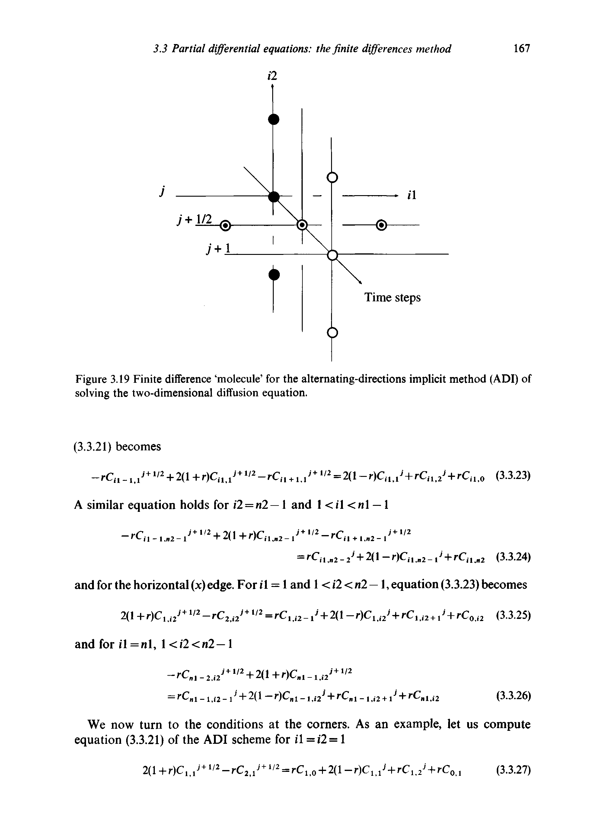 Figure 3.19 Finite difference molecule for the alternating-directions implicit method (ADI) of solving the two-dimensional diffusion equation.