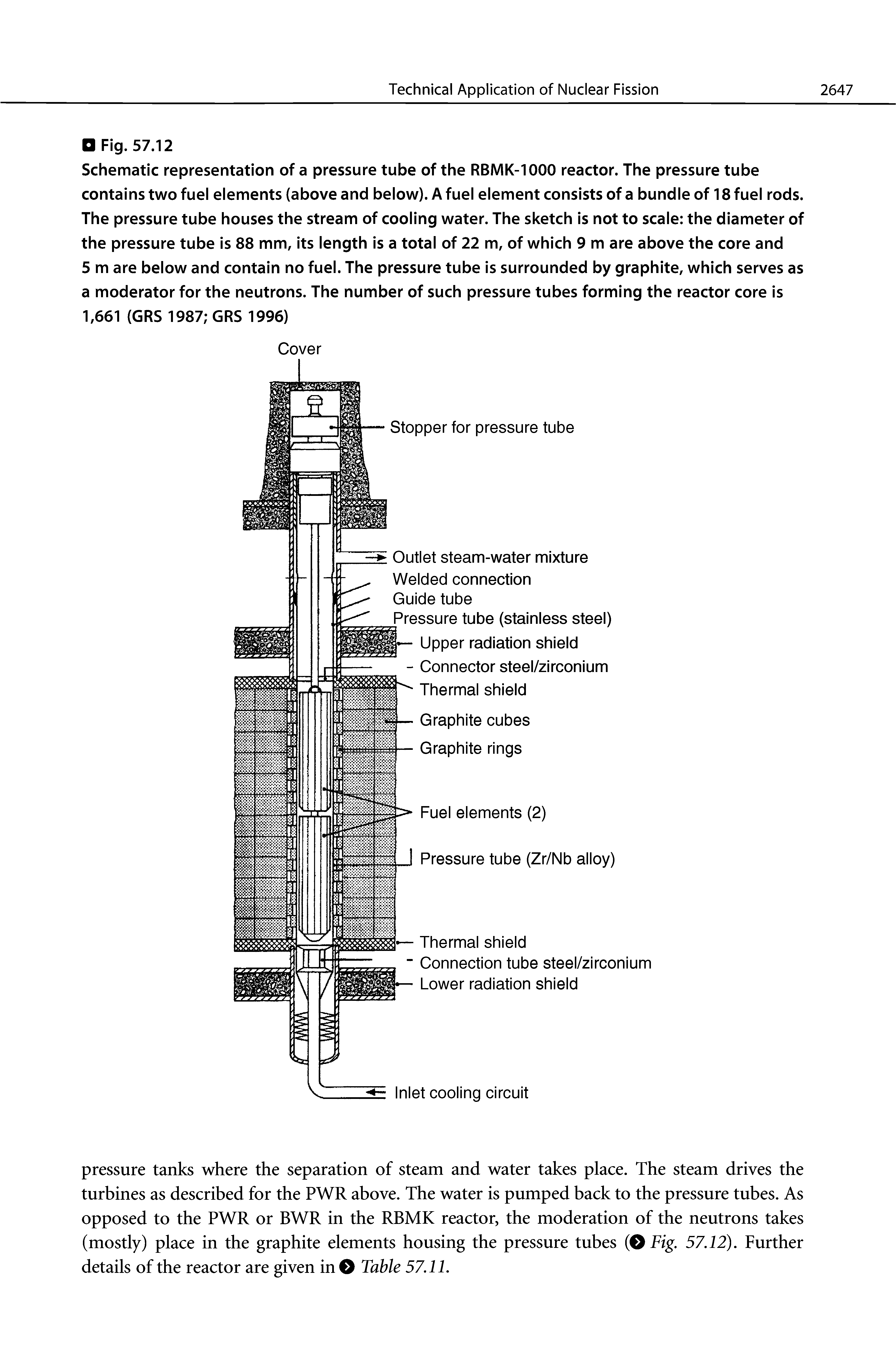 Schematic representation of a pressure tube of the RBMK-1000 reactor. The pressure tube contains two fuel elements (above and below). A fuel element consists of a bundle of 18 fuel rods. The pressure tube houses the stream of cooling water. The sketch is not to scale the diameter of the pressure tube is 88 mm, its length is a total of 22 m, of which 9 m are above the core and 5 m are below and contain no fuel. The pressure tube is surrounded by graphite, which serves as a moderator for the neutrons. The number of such pressure tubes forming the reactor core is 1,661 (GRS 1987 GRS 1996)...