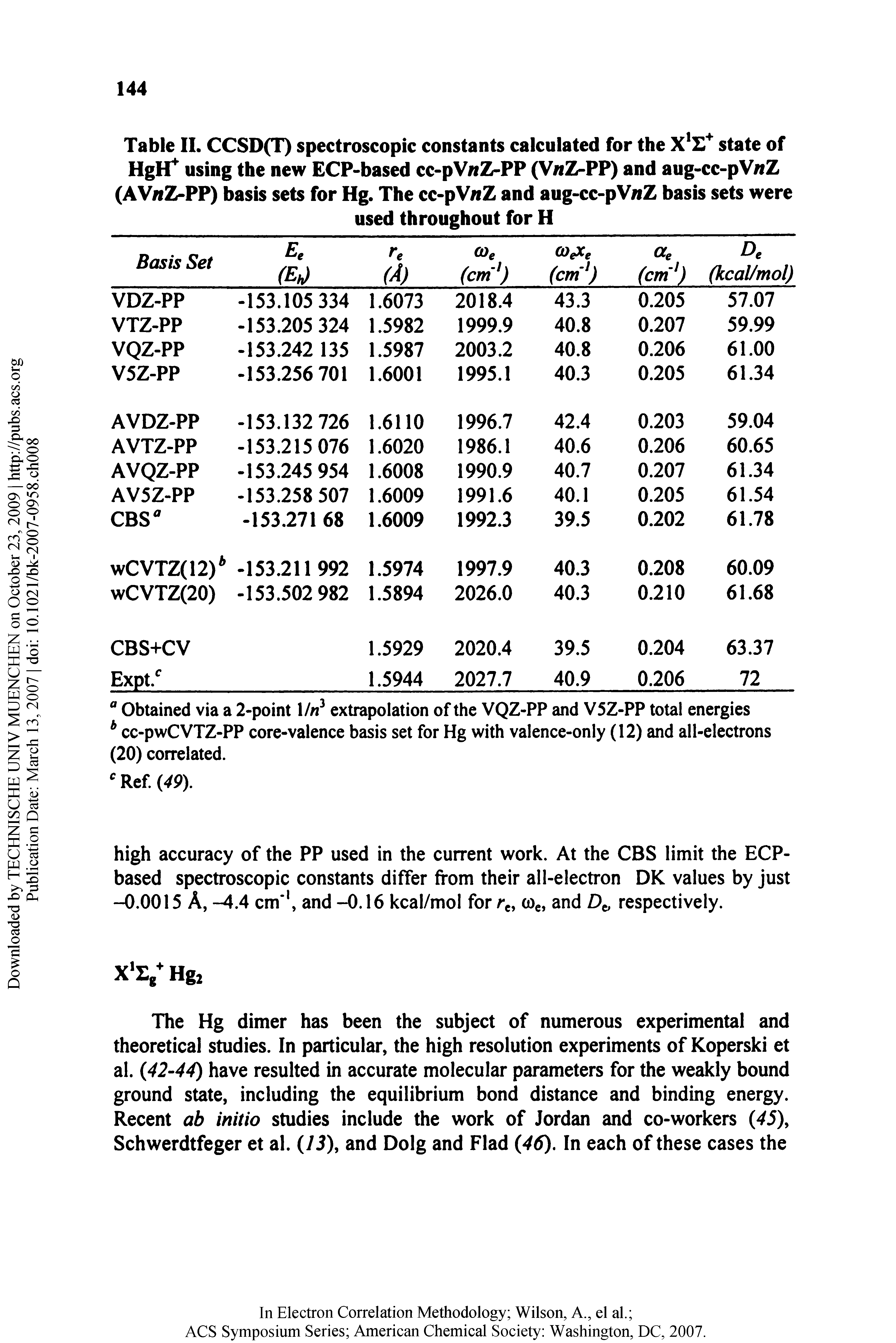 Table II. CCSD(T) spectroscopic constants calculated for the X state of HgH using the new ECP-based cc-pVwZ-PP (VifZ-PP) and aug-cc-pViiZ (AV/fZ-PP) basis sets for Hg. The cc-pViiZ and aug-cc-pVwZ basis sets were...