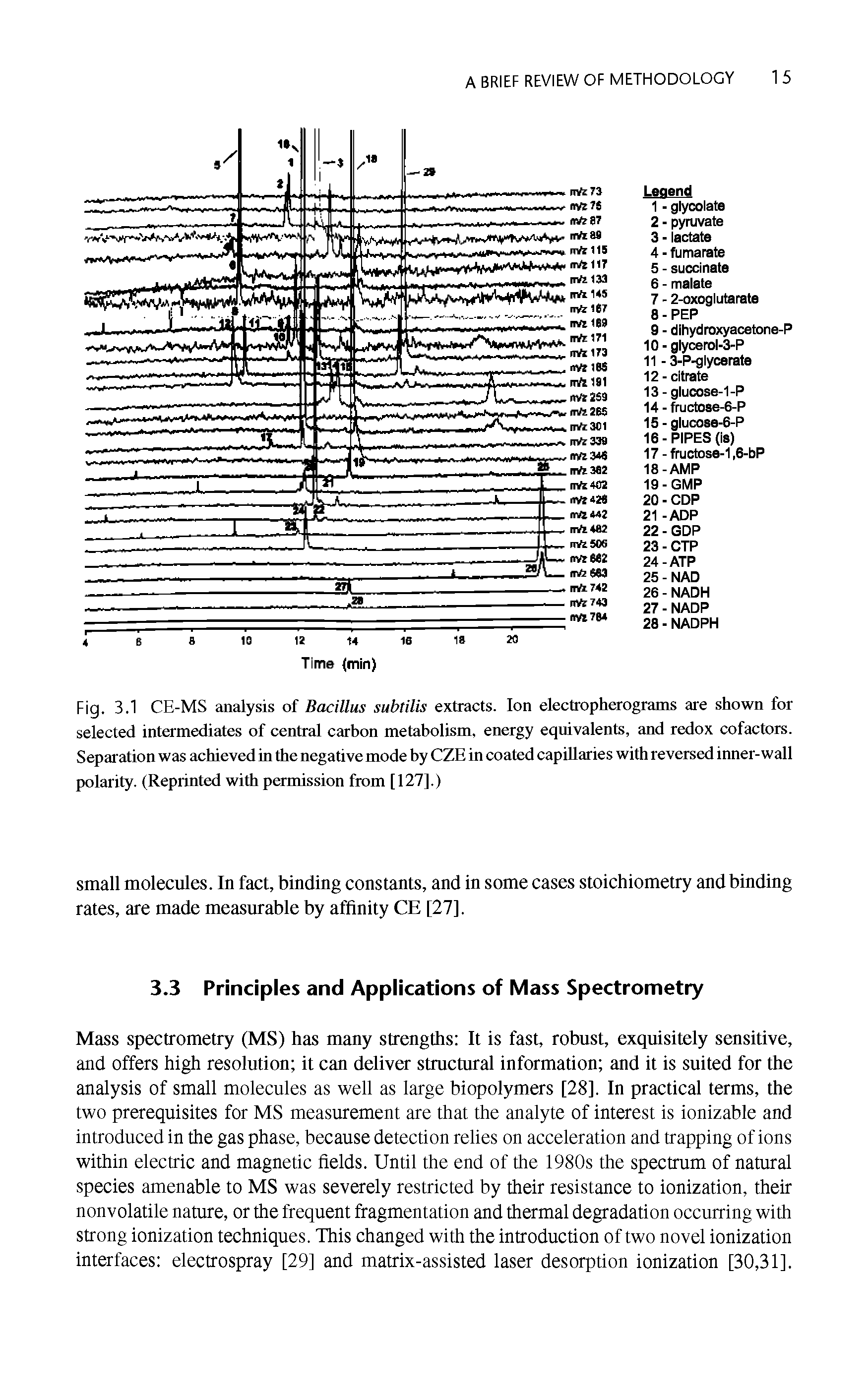 Fig. 3.1 CE-MS analysis of Bacillus subtilis extracts. Ion electropherograms are shown for selected intermediates of central carbon metabolism, energy eqnivalents, and redox cofactors. Separation was achieved in the negative mode by CZE in coated capillaries with reversed inner-wall polarity. (Reprinted with permission from [127].)...