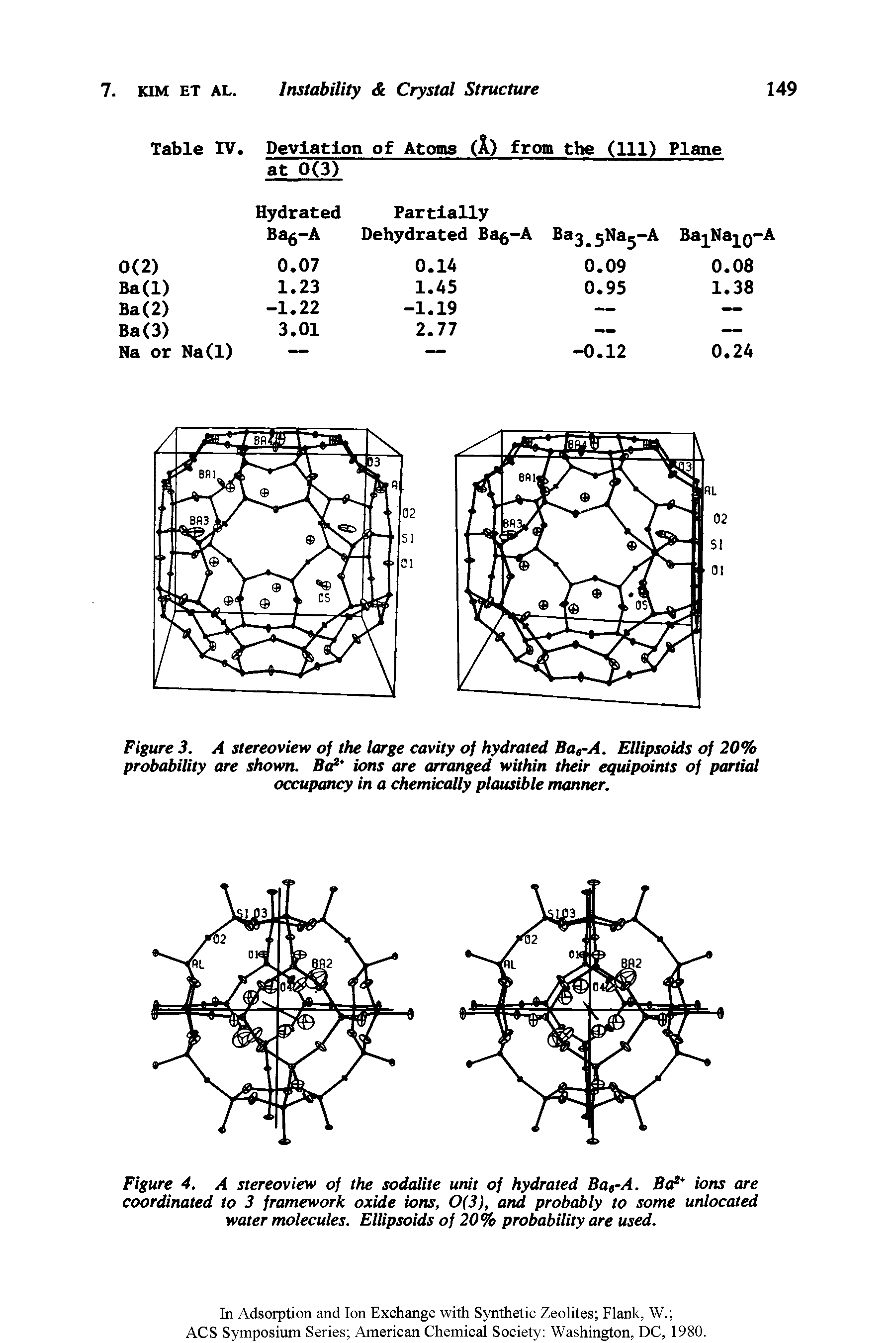 Figure 4. A stereoview of the sodalite unit of hydrated Bat-A. Ba1 ions are coordinated to 3 framework oxide ions, 0(3), and probably to some unlocated water molecules. Ellipsoids of 20% probability are used.