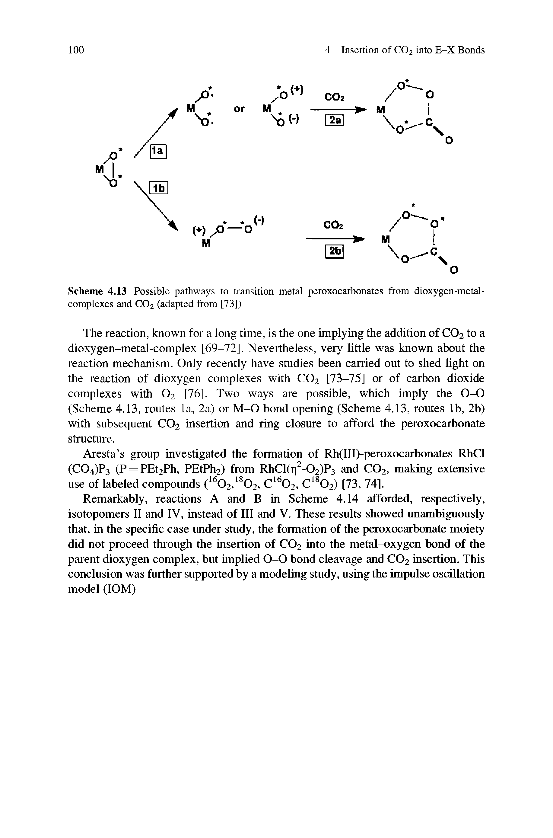 Scheme 4.13 Possible pathways to transition metal peroxocarbonates from dioxygen-metal-complexes and CO2 (adapted from [73])...