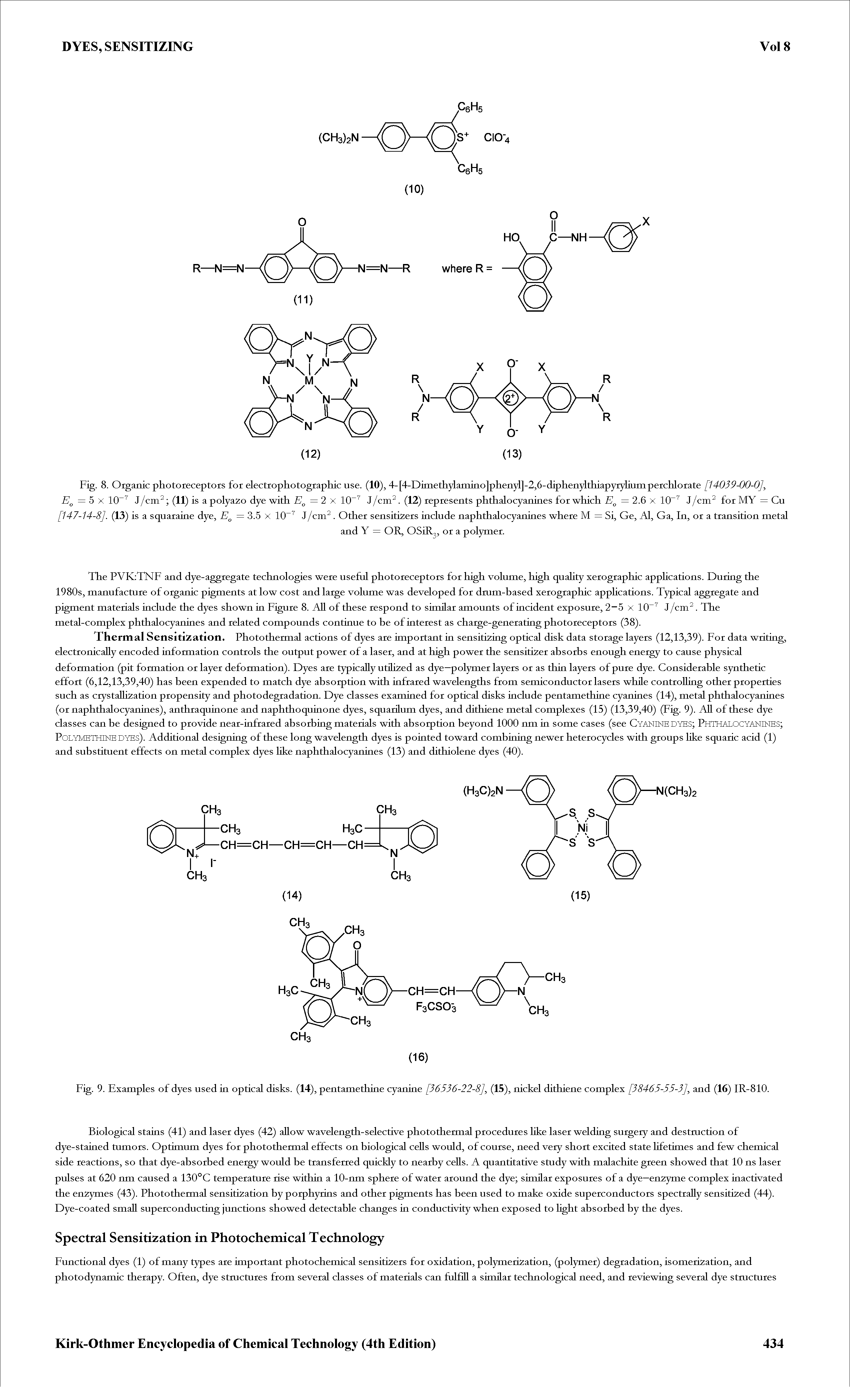 Fig. 9. Examples of dyes used in optical disks. (14), pentamethine cyanine [36536-22-8] (1 )> nickel dithiene complex [38465-55-3] and (16) lR-810.