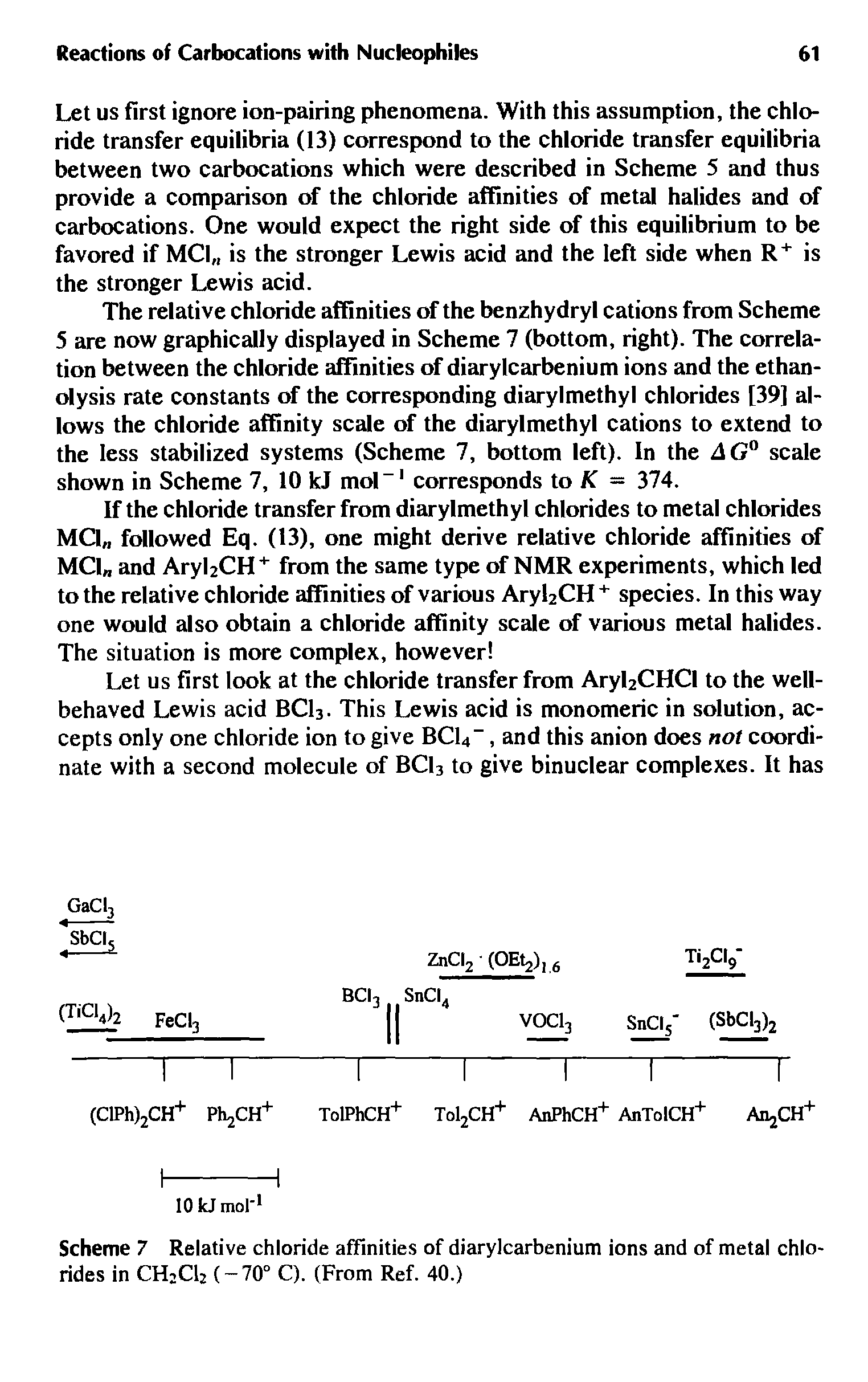 Scheme 7 Relative chloride affinities of diarylcarbenium ions and of metal chlorides in CH2C12 (-70° C). (From Ref. 40.)...