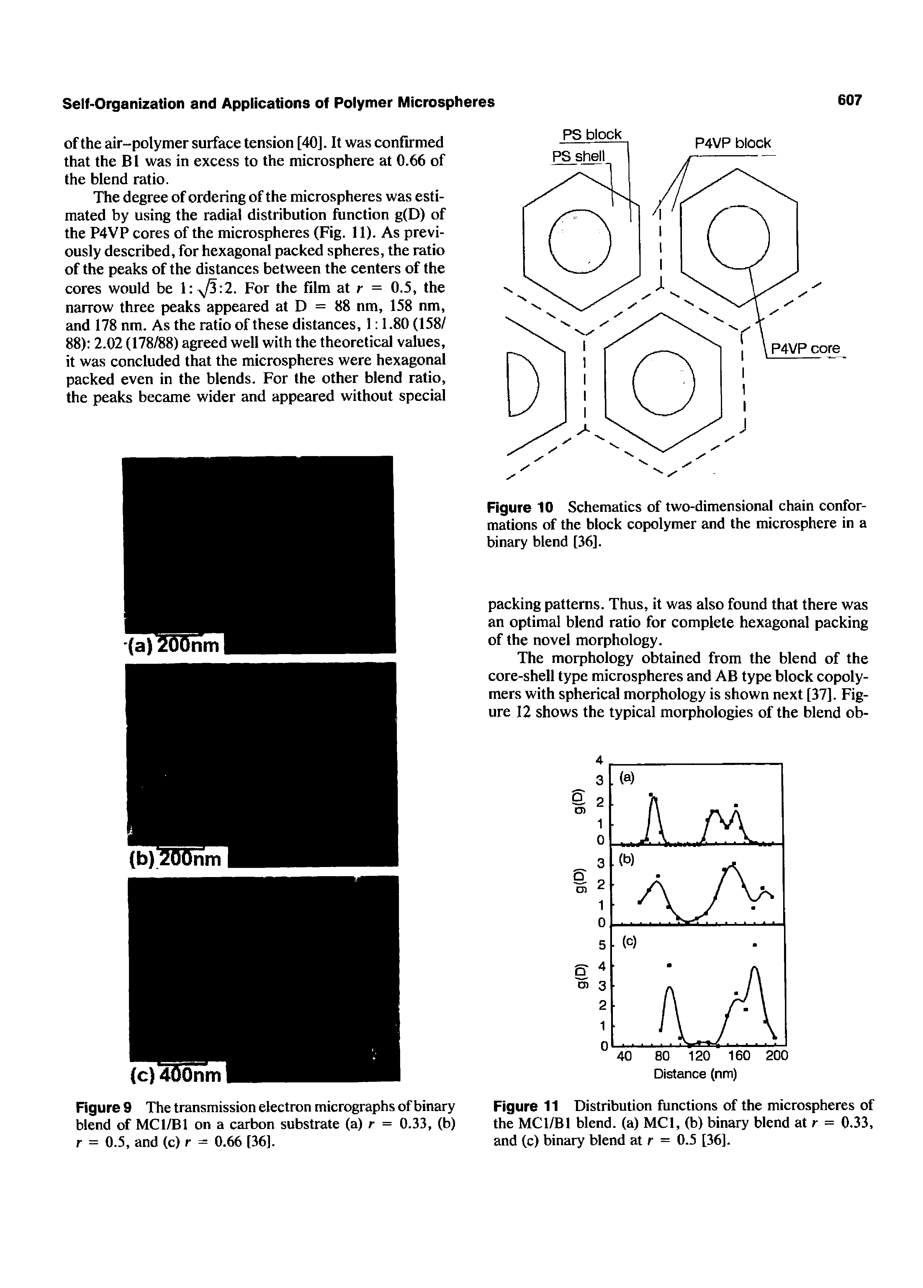 Figure 10 Schematics of two-dimensional chain conformations of the block copolymer and the microsphere in a binary blend [36].