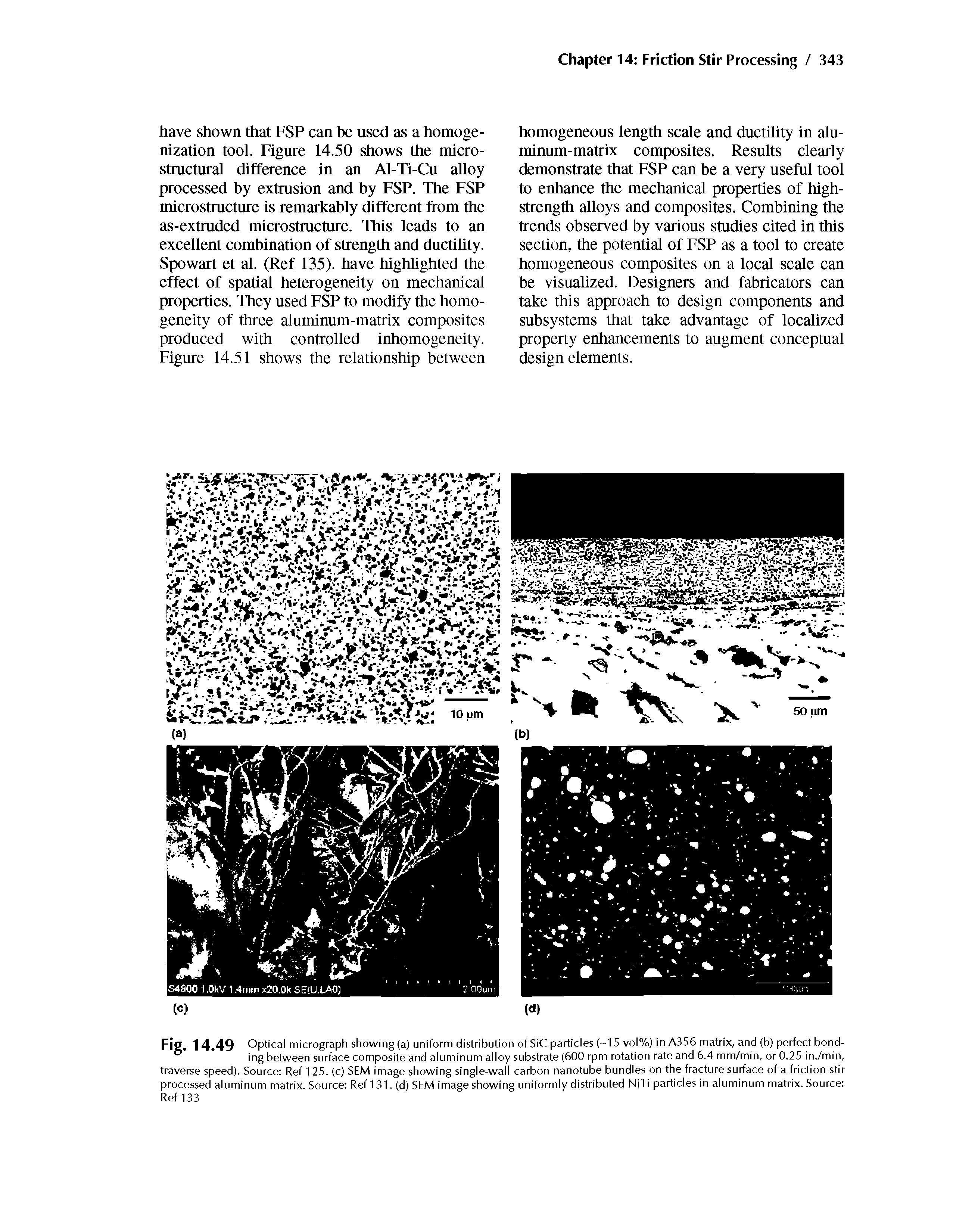 Fig. 1 4.49 Optical micrograph showing (a) uniform distribution of SiC particles ( 15 vol%) in A356 matrix, and (b) perfect bonding between surface composite and aluminum alloy substrate (500 rpm rotation rate and 6.4 mm/min, or 0.25 in./min, traverse speed). Source Ref 1 25. (c) SEM image showing single-wall carbon nanotube bundles on the fracture surface of a friction stir processed aluminum matrix. Source Ref 131. (d) SEM image showing uniformly distributed NiTi particles in aluminum matrix. Source Ref 133...