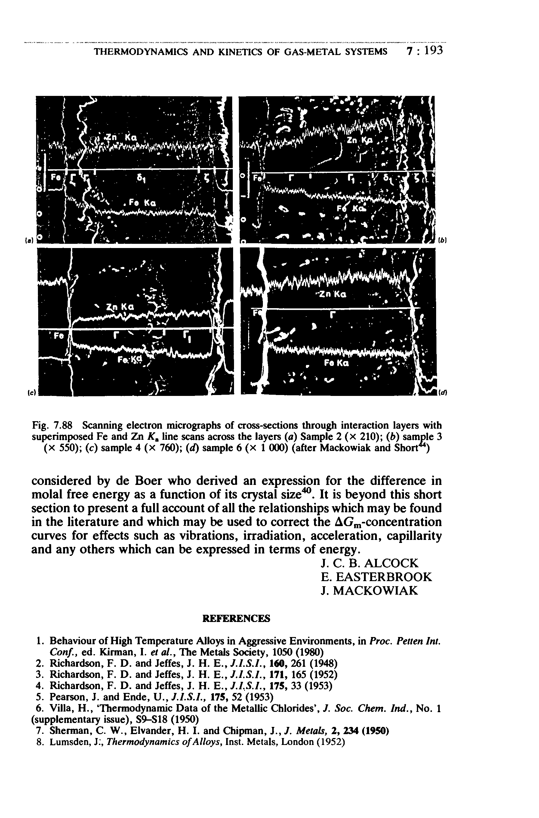 Fig. 7.88 Scanning electron micrographs of cross-sections through interaction layers with superimposed Fe and Zn K, line scans across the layers (<i) Sample 2 (x 210) (b) sample 3 (X 550) (c) sample 4 (x 760) (d) sample 6 (x 1 000) (after Mackowiak and Short )...