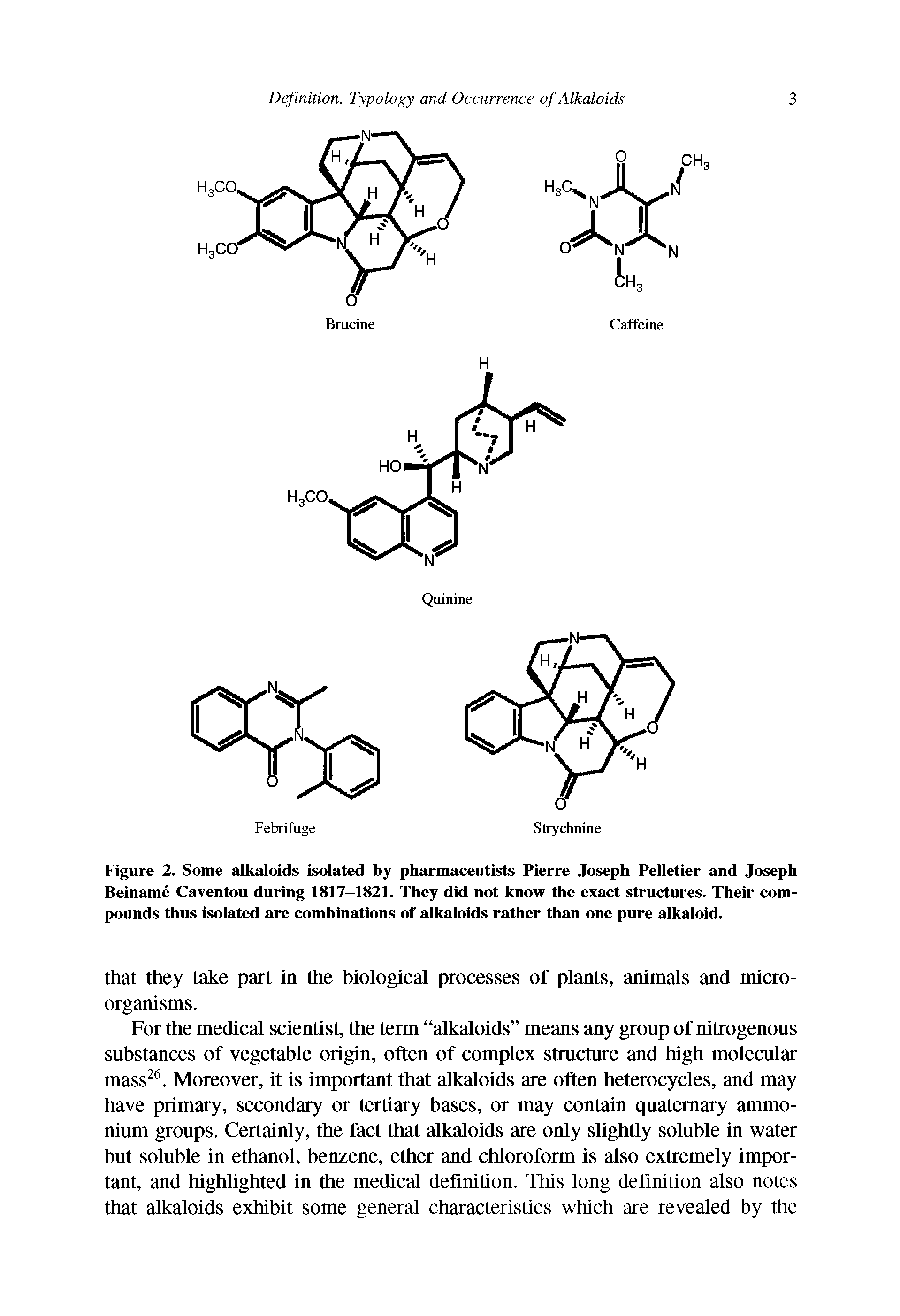 Figure 2. Some alkaloids isolated by pharmaceutists Pierre Joseph Pelletier and Joseph Beiname Caventou during 1817-1821. They did not know the exact structures. Their compounds thus isolated are combinations of alkaloids rather than one pure alkaloid.