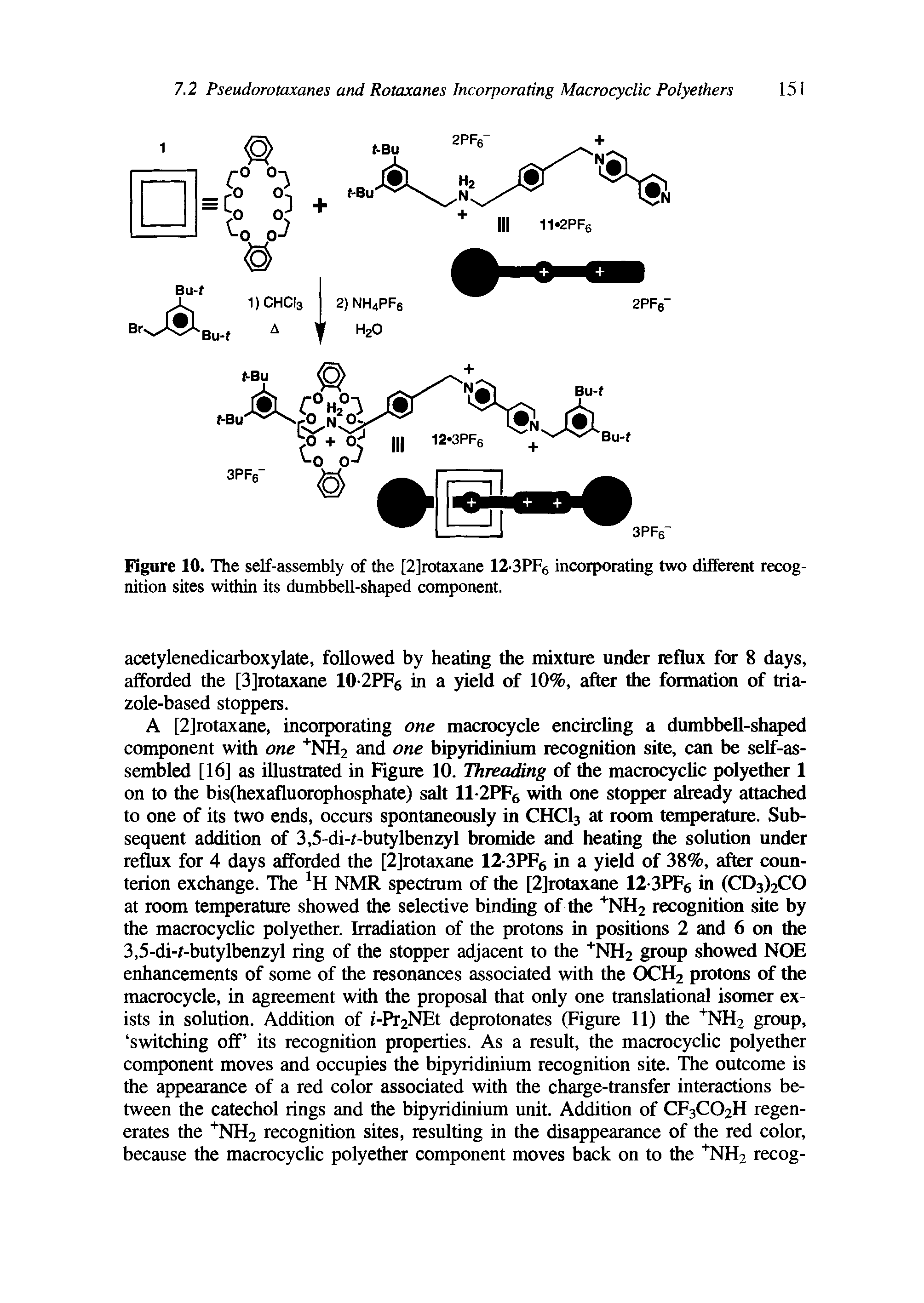 Figure 10. The self-assembly of the [2]rotaxane 12 3PF6 incorporating two different recognition sites within its dumbbell-shaped component.