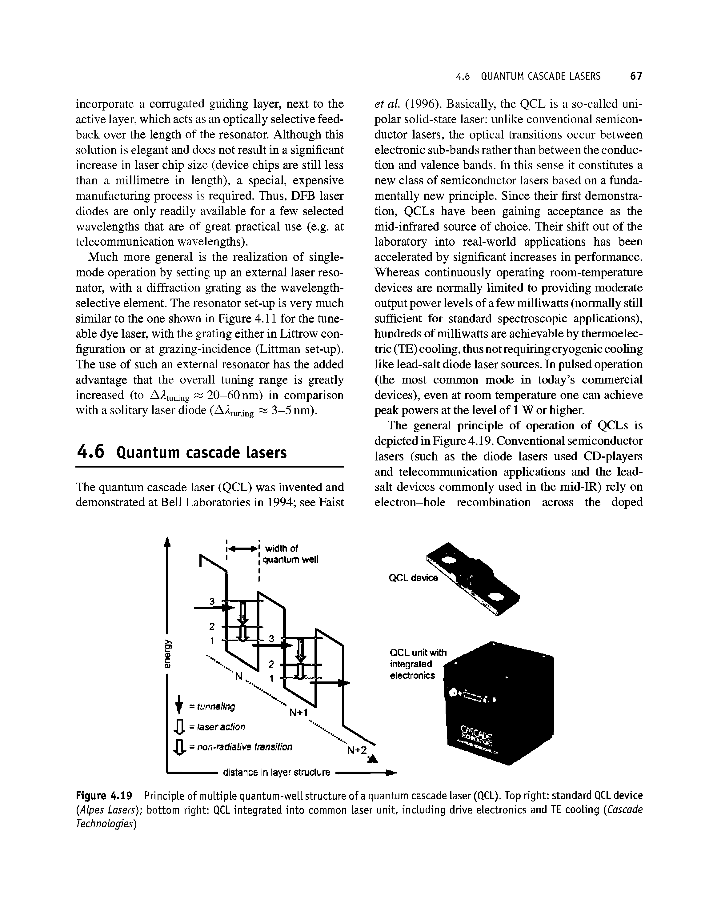 Figure 4.19 Principle of multiple quantum-well structure of a quantum cascade laser (QCL). Top right standard QCL device Alpes Lasers)-, bottom right QCL integrated into common laser unit, including drive electronics and TE cooling (Cascade Technologies)...