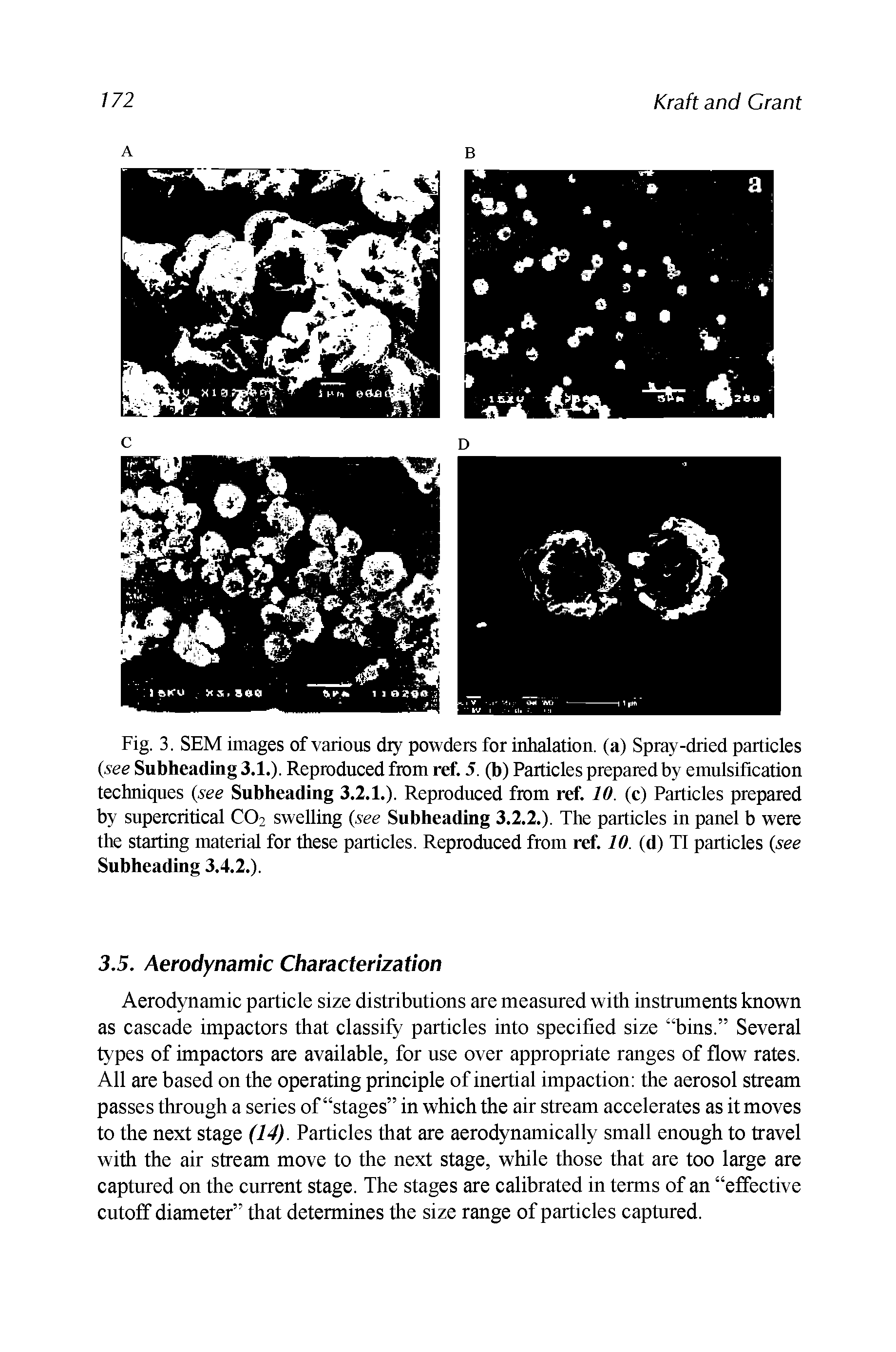 Fig. 3. SEM images of various dry powders for inhalation, (a) Spray-dried particles (see Subheading 3.1.)- Reproduced from ref. 5. (b) Particles prepared by emulsification techniques (see Subheading 3.2.1.), Reproduced from ref. 10. (c) Particles prepared by supercritical C02 swelling (see Subheading 3.2.2.), The particles in panel b were the starting material for these particles. Reproduced from ref. 10. (d) TI particles (see Subheading 3.4.2.),...