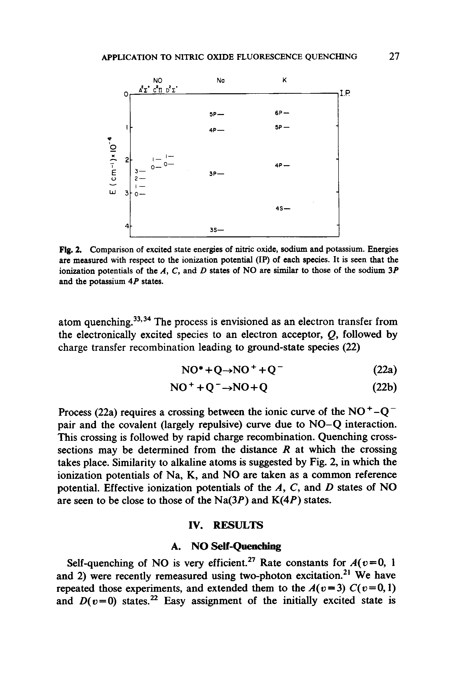 Fig. 2. Comparison of excited state energies of nitric oxide, sodium and potassium. Energies are measured with respect to the ionization potential (IP) of each species. It is seen that the ionization potentials of the A, C, and D states of NO are similar to those of the sodium 3P and the potassium 4P states.