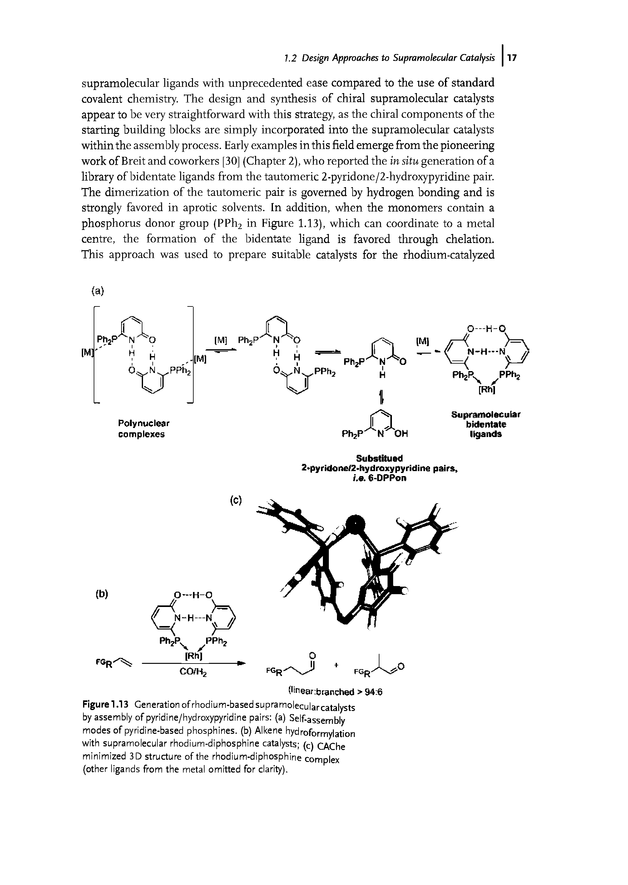 Figure 1.13 Generation of rhodium-based supramolecularcatalysts by assembly of pyridine/hydroxypyridine pairs (a) Self-assembly modes of pyridine-based phosphines, (b) Alkene hydroformylation with supramolecular rhodium-diphosphine catalysts (c) CAChe minimized 3D structure ofthe rhodium-diphosphine complex (other ligands from the metal omitted for clarity).