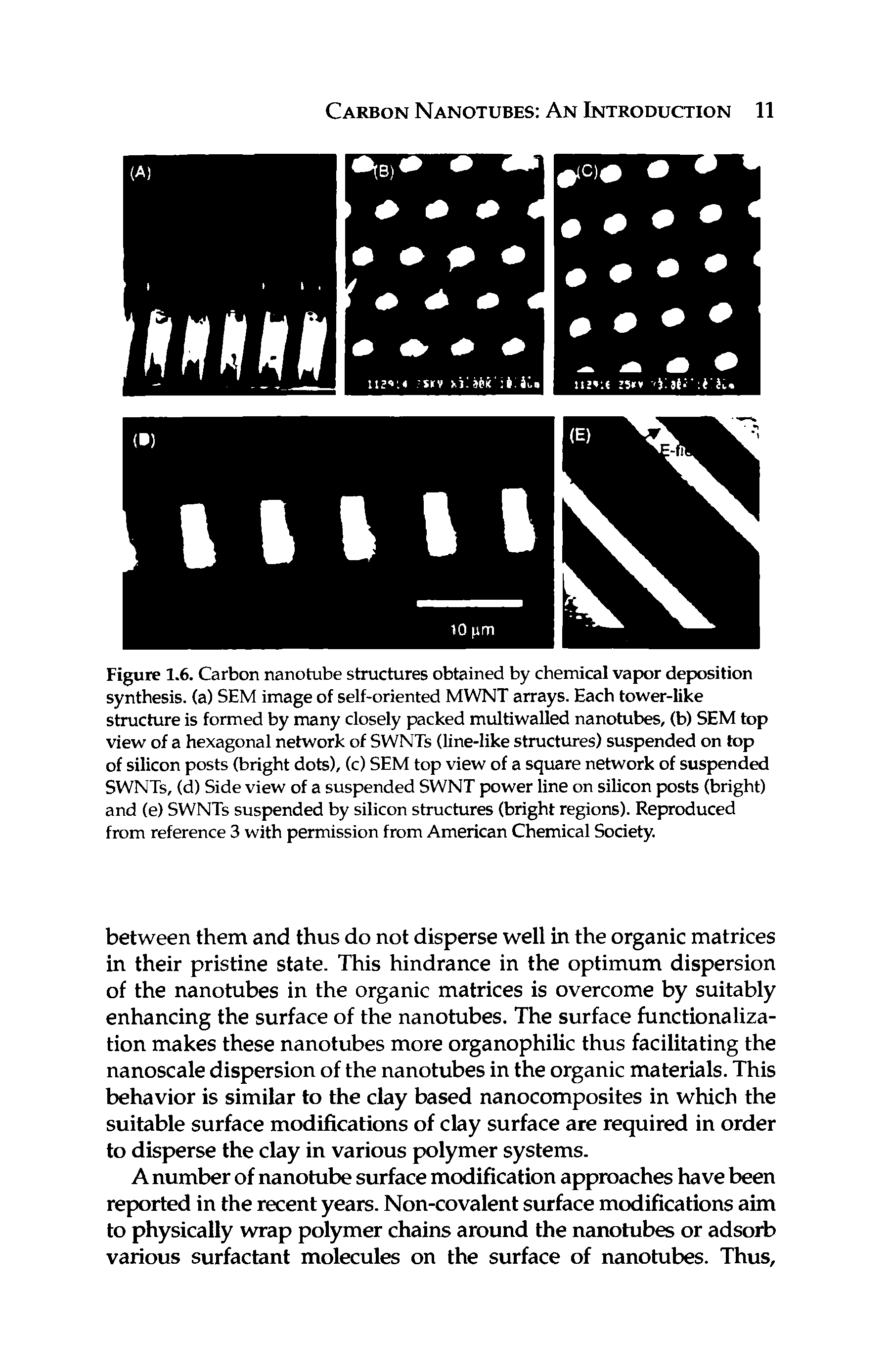 Figure 1.6. Carbon nanotube structures obtained by chemical vapor deposition synthesis, (a) SEM image of self-oriented MWNT arrays. Each tower-like structure is formed by many closely packed multiwalled nanotubes, (b) SEM top view of a hexagonal network of SWNTs (line-like structures) suspended on top of silicon posts (bright dots), (c) SEM top view of a square network of suspended SWNTs, (d) Side view of a suspended SWNT power line on silicon posts (bright) and (e) SWNTs suspended by silicon structures (bright regions). Reproduced from reference 3 with permission from American Chemical Society.