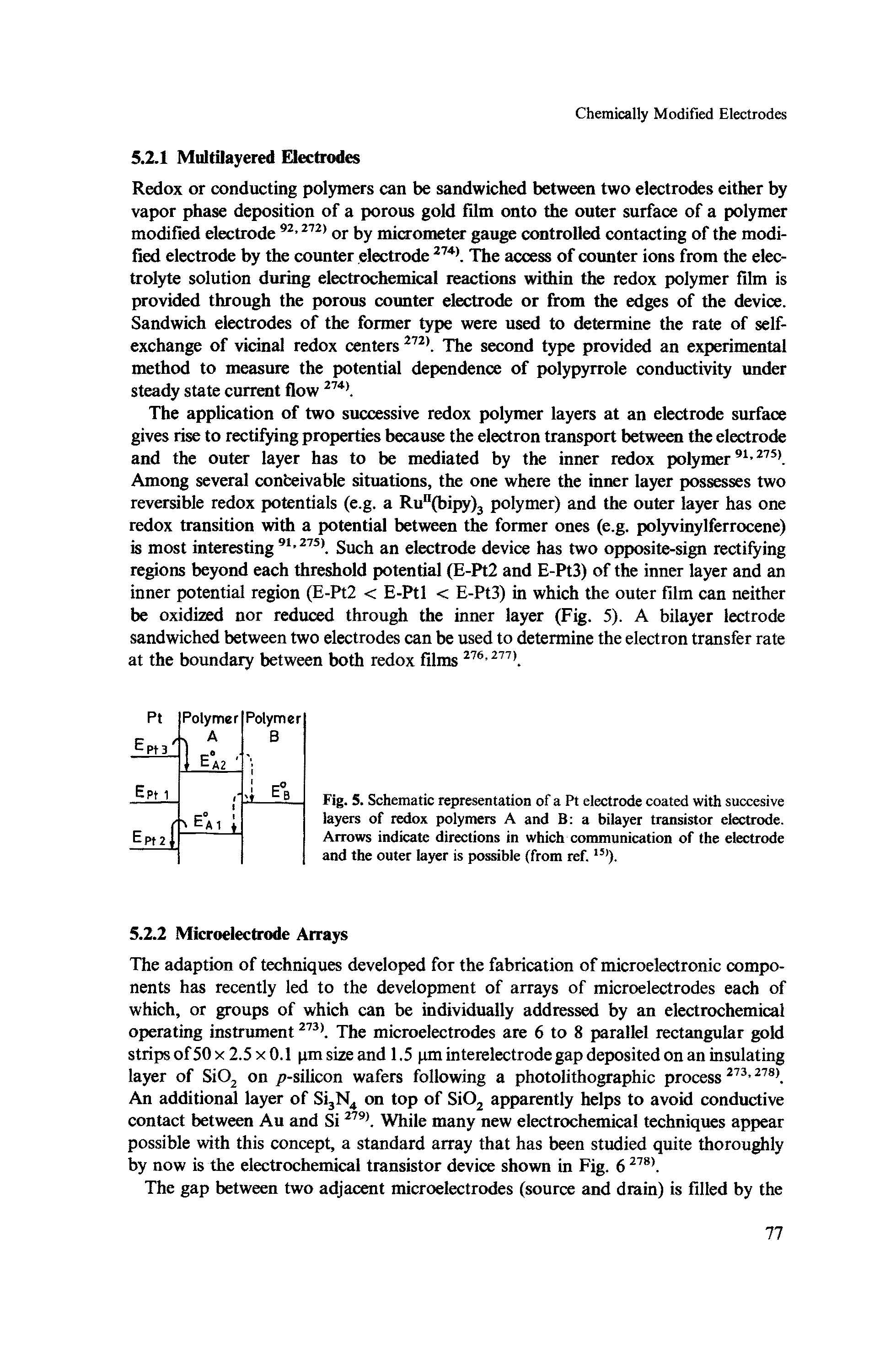 Fig. 5. Schematic representation of a Pt electrode coated with succesive layers of redox polymers A and B a bilayer transistor electrode. Arrows indicate directions in which communication of the electrode and the outer layer is possible (from ref. ).