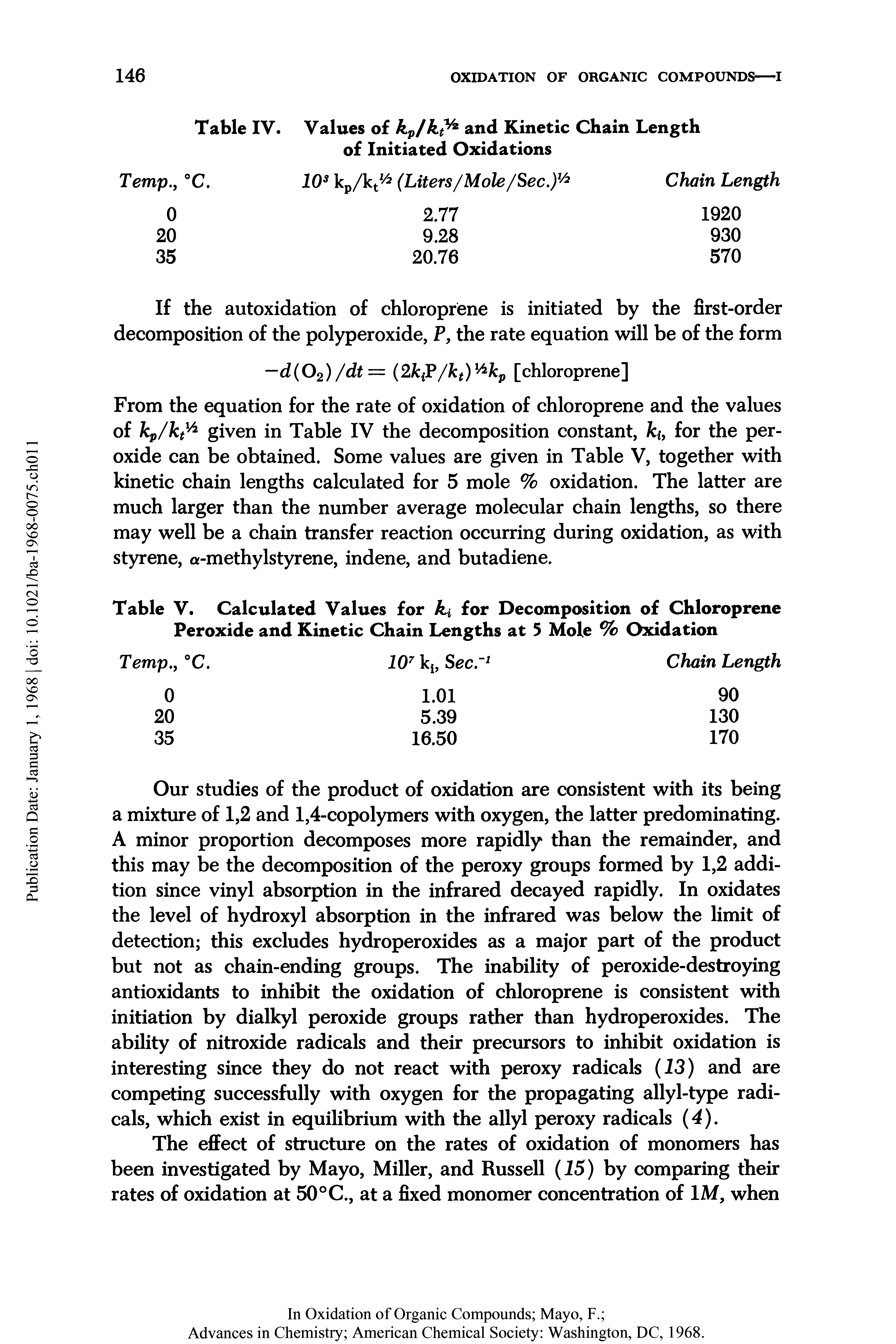 Table V. Calculated Values for for Decomposition of Chloroprene Peroxide and Kinetic Chain Lengths at 5 Mole % Oxidation...