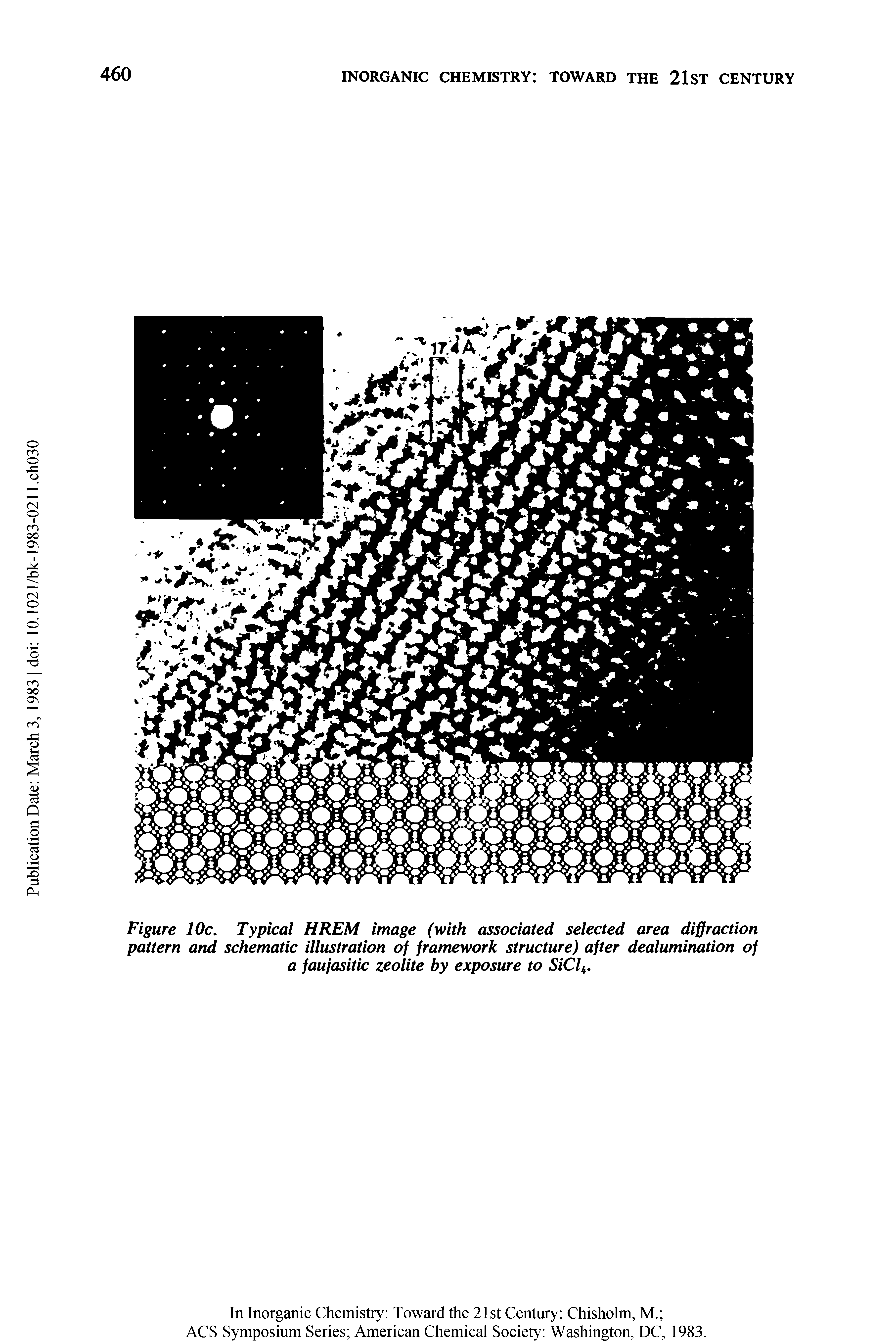 Figure 10c. Typical HREM image (with associated selected area diffraction pattern and schematic illustration of framework structure) after dealumination of a faufasitic zeolite by exposure to SiCl4.