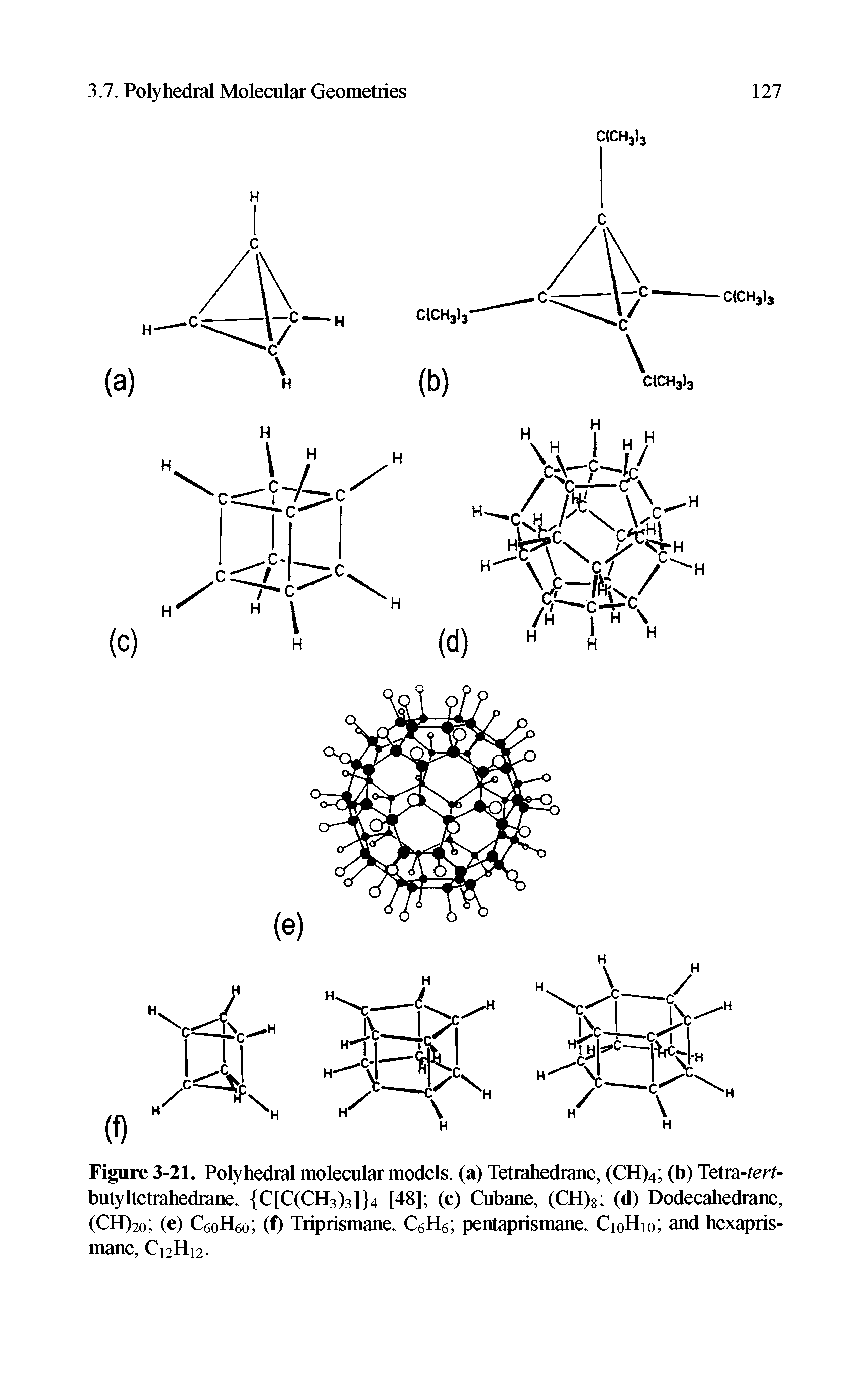 Figure 3-21. Polyhedral molecular models, (a) Tetrahedrane, (CH)4 (b) Tetra-tert-butyltetrahedrane, C[C(CH3)3] 4 [48] (c) Cubane, (CH)S (d) Dodecahedrane, (CH)2o (e) CeoHgo (f) Triprismane, C6H6 pentaprismane, CioHi0 and hexapris-mane, Ci2H12.