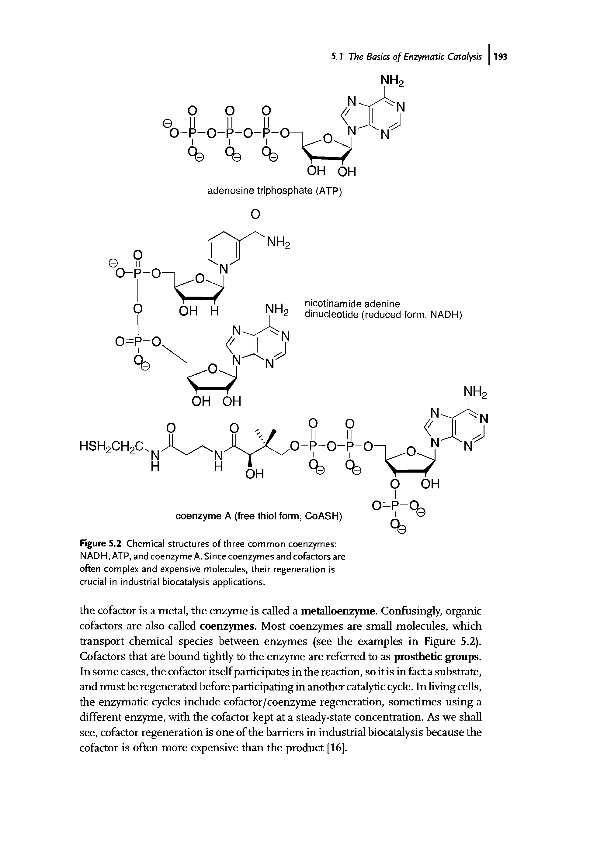 Figure 5.2 Chemical structures of three common coenzymes NADH, ATP, and coenzyme A. Since coenzymes and cofactors are often complex and expensive molecules, their regeneration is crucial in industrial biocatalysis applications.