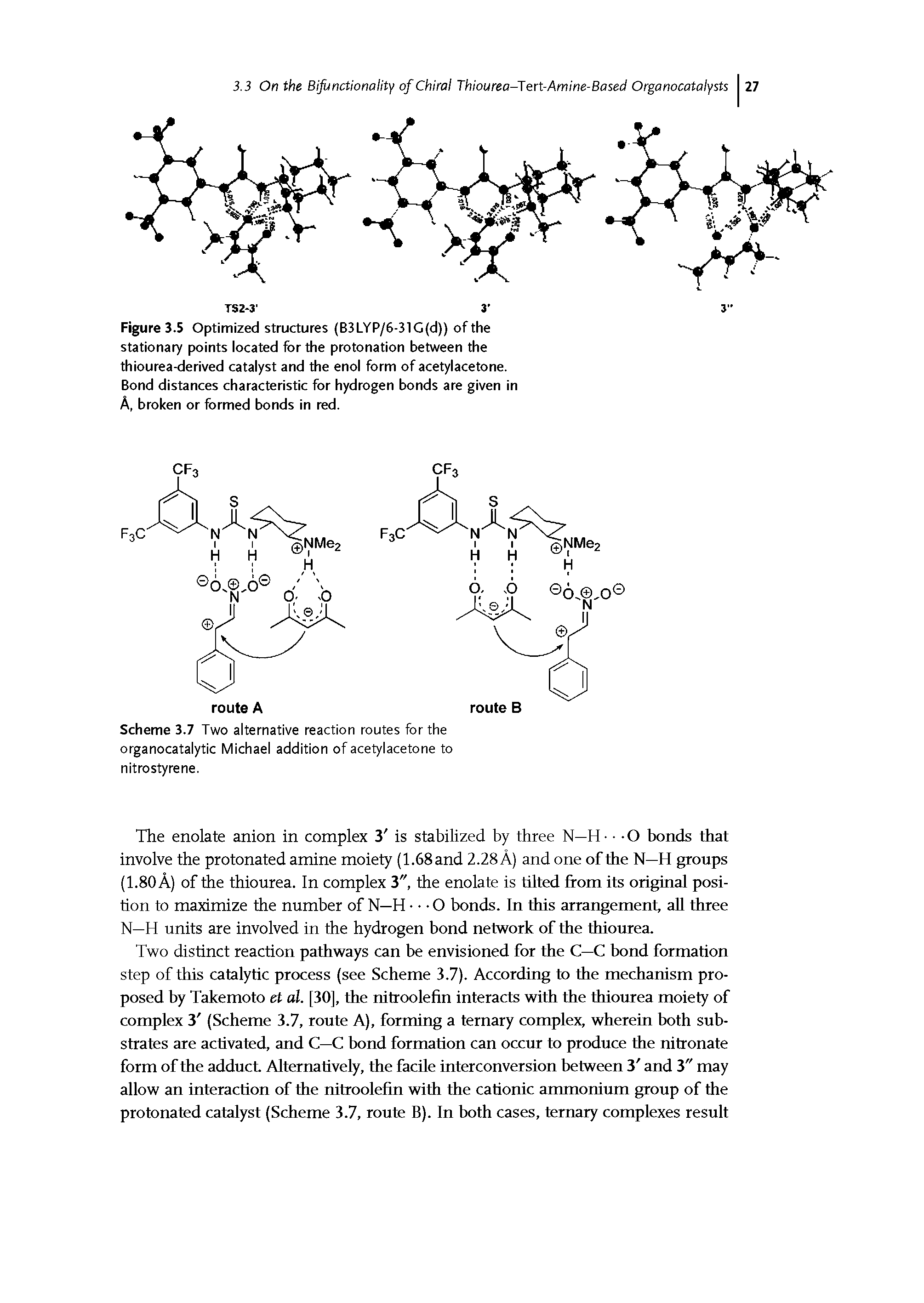 Scheme 3.7 Two alternative reaction routes for the organocatalytic Michael addition of acetylacetone to nitro styrene.