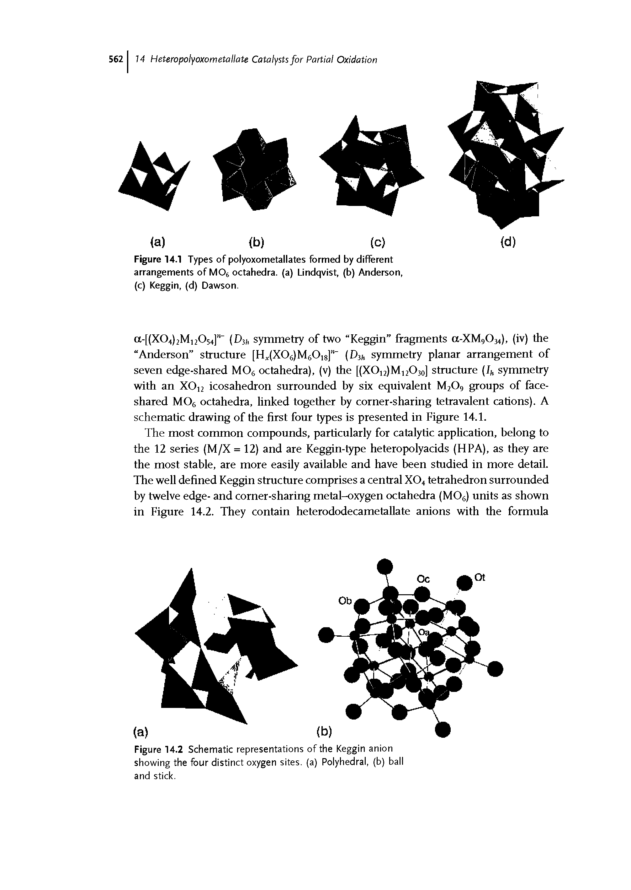 Figure 14.1 Types of polyoxometallates formed by different arrangements of MOs octahedra. (a) Lindqvist, (b) Anderson, (c) Keggin, (d) Dawson.