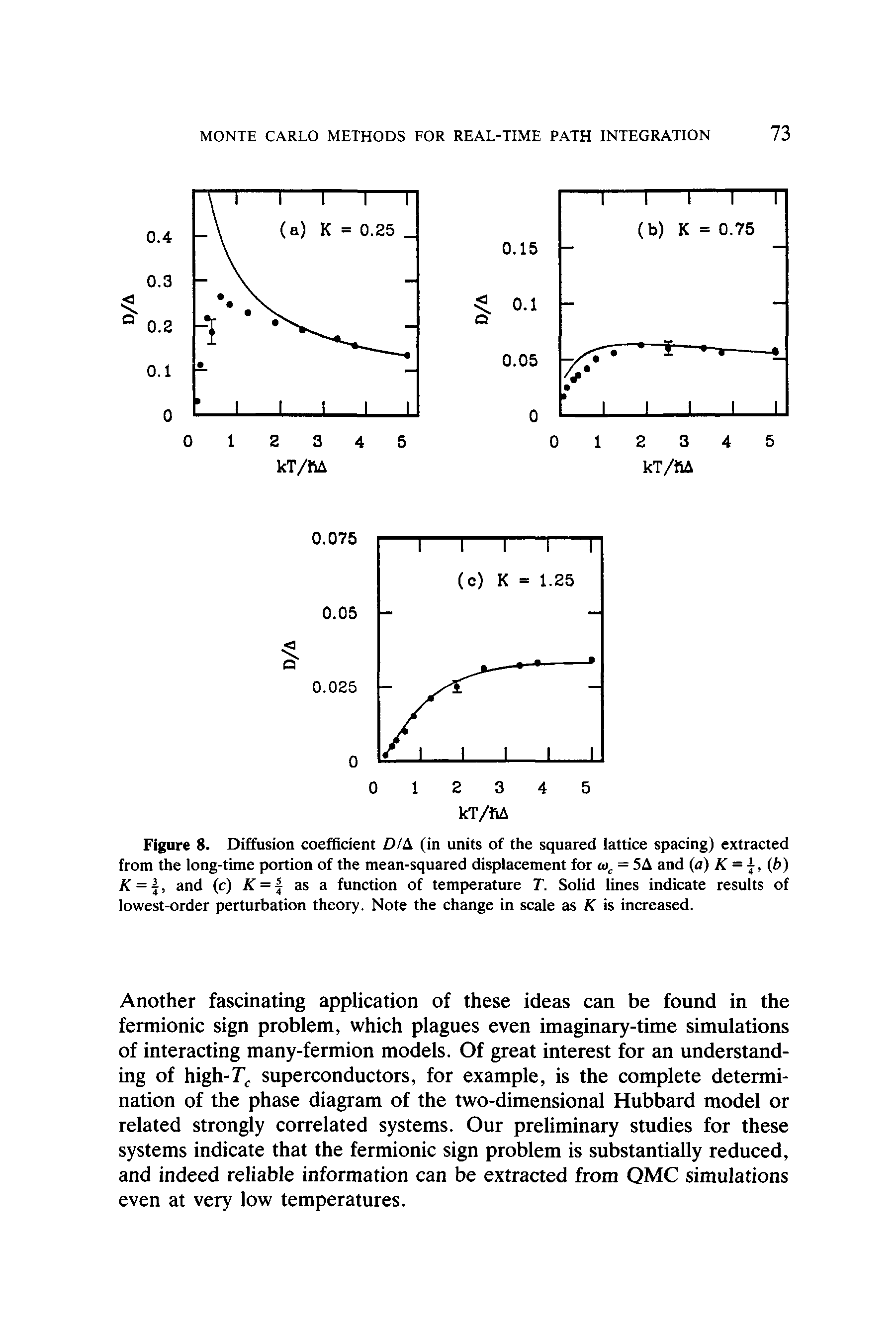 Figure 8. Diffusion coefficient D/A (in units of the squared lattice spacing) extracted from the long-time portion of the mean-squared displacement for = 5A and (a) K = j, (b) K =, and (c) K = as a function of temperature T. Solid lines indicate results of lowest-order perturbation theory. Note the change in scale as K is increased.