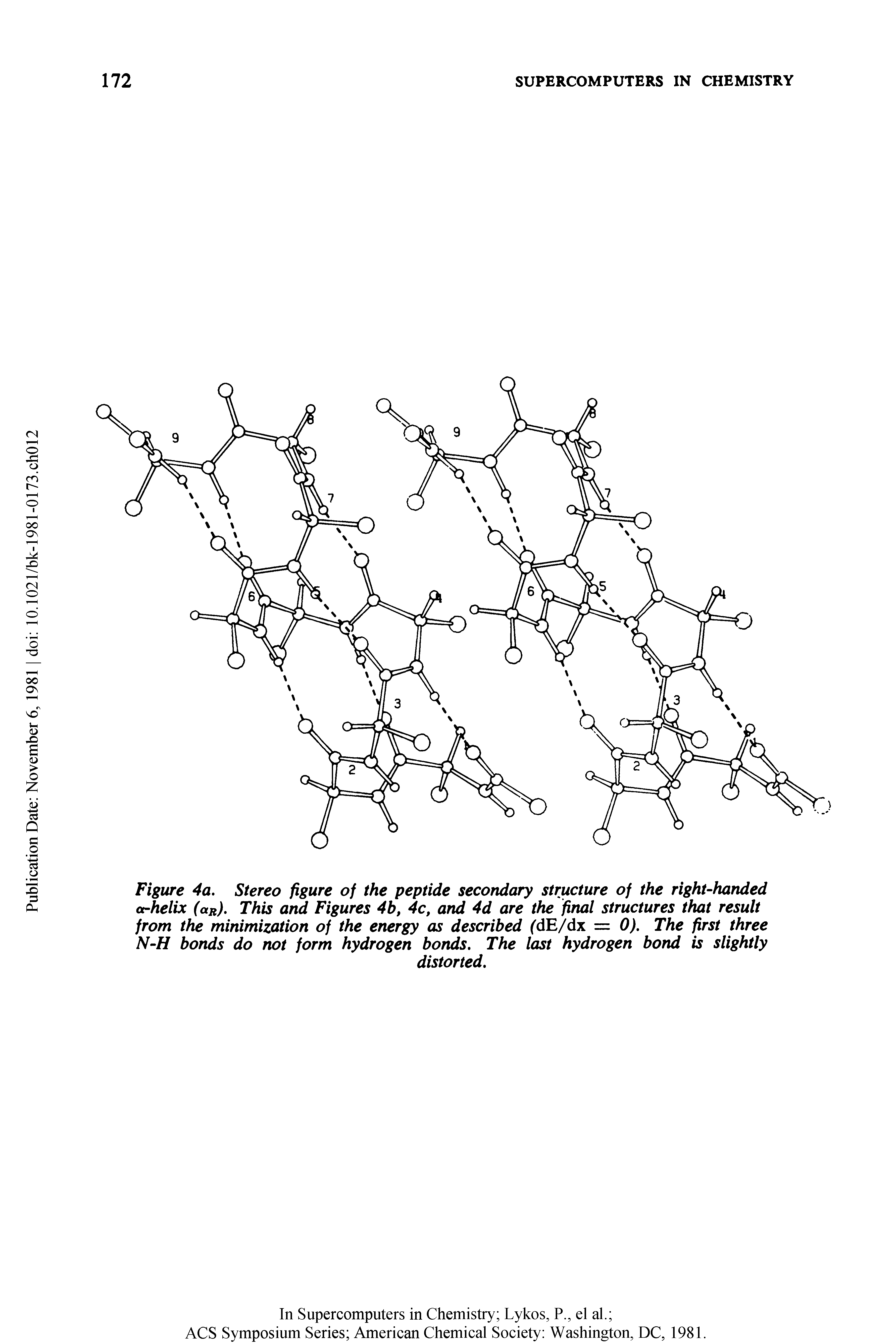 Figure 4a. Stereo figure of the peptide secondary structure of the right-handed ct-helix (aR). This and Figures 4b, 4c, and 4d are the final structures that result from the minimization of the energy as described (dE/dx = 0). The first three N-H bonds do not form hydrogen bonds. The last hydrogen bond is slightly...