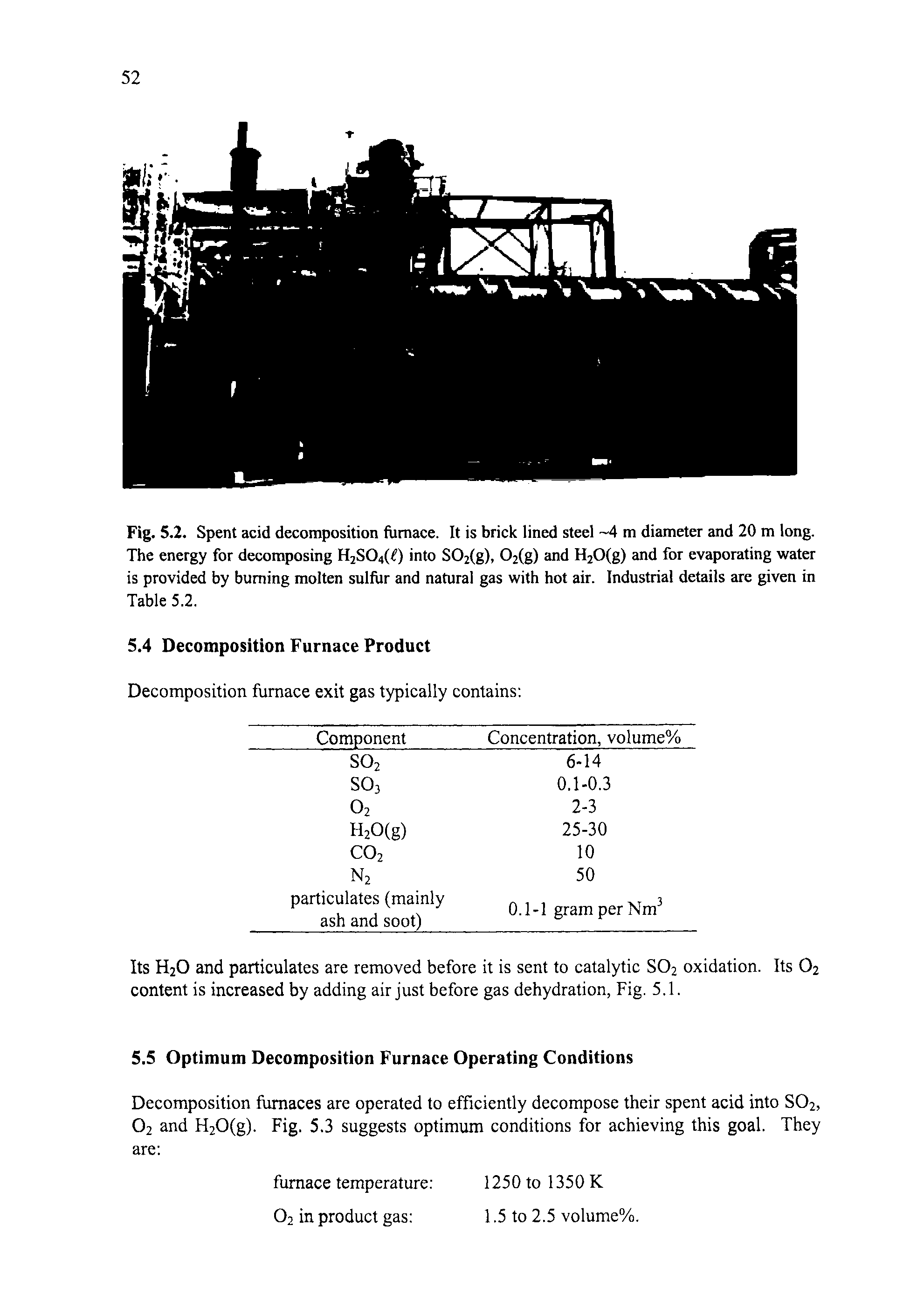 Fig. 5.2. Spent acid decomposition furnace. It is brick lined steel 4 m diameter and 20 m long. The energy for decomposing H2S04(< ) into S02(g), 02(g) and H20(g) and for evaporating water is provided by burning molten sulfur and natural gas with hot air. Industrial details are given in Table 5.2.