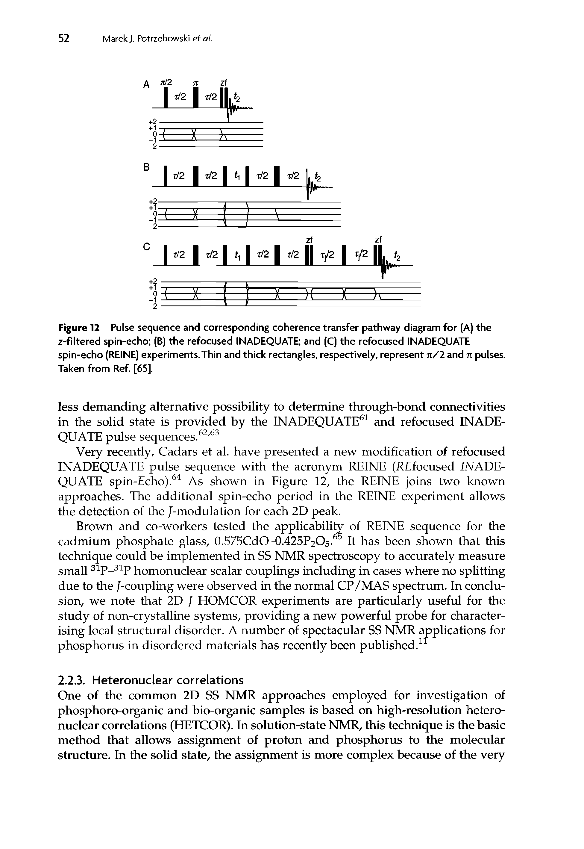 Figure 12 Pulse sequence and corresponding coherence transfer pathway diagram for (A) the z-filtered spin-echo (B) the refocused INADEQUATE and (C) the refocused INADEQUATE spin-echo (REINE) experiments.Thin and thick rectangles, respectively, represent n/1 and n pulses. Taken from Ref. [65].