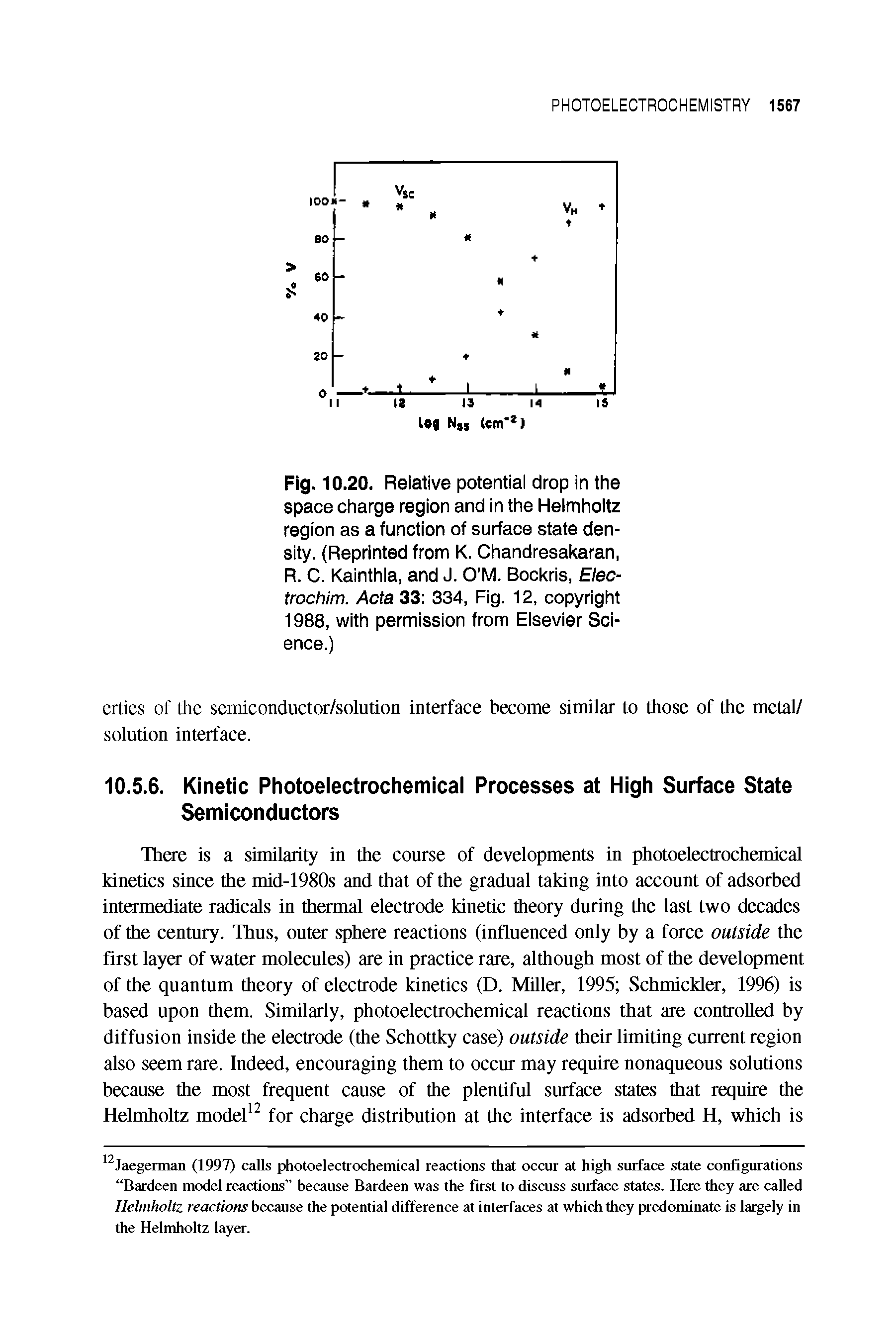 Fig. 10.20. Relative potential drop in the space charge region and in the Helmholtz region as a function of surface state density. (Reprinted from K. Chandresakaran, R. C. Kainthla, and J. O M. Bockris, Elec-trochim. Acta 33 334, Fig. 12, copyright 1988, with permission from Elsevier Science.)...